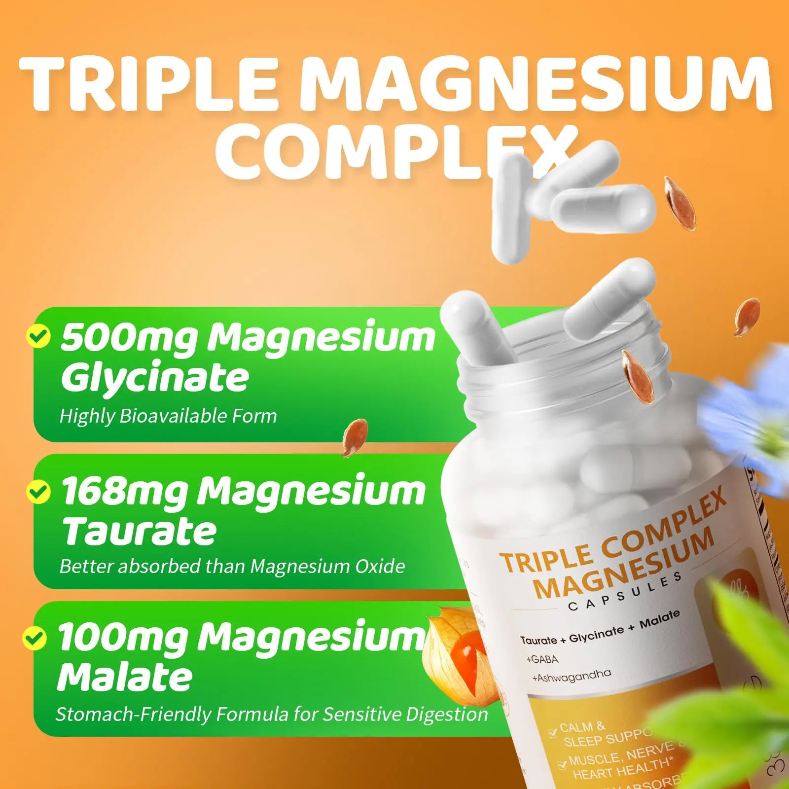 Triple Magnesium Complex - Magnesium Glycinate, Taurate & Malate Supplement with Omega3, Ashwagandha, GABA for Sleep, Brain Heart & Muscle Support - High Absorption and Gentle, Vegan, 120 Capsules iMATCHMEnz supplements