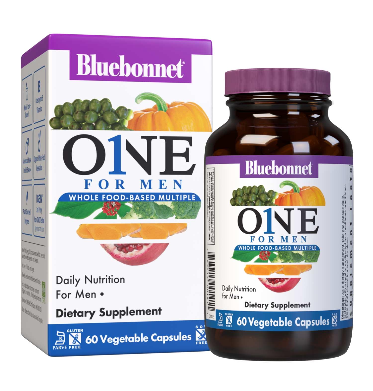 Bluebonnet Nutrition Men’s One Vegetable Capsule, Whole Food Multiple, K2, Organic, Energy, Vitality, Non-GMO, Gluten, Soy & Milk Free, Kosher, 3 Month Supply, 90 Count BlueBonnetAu supplements