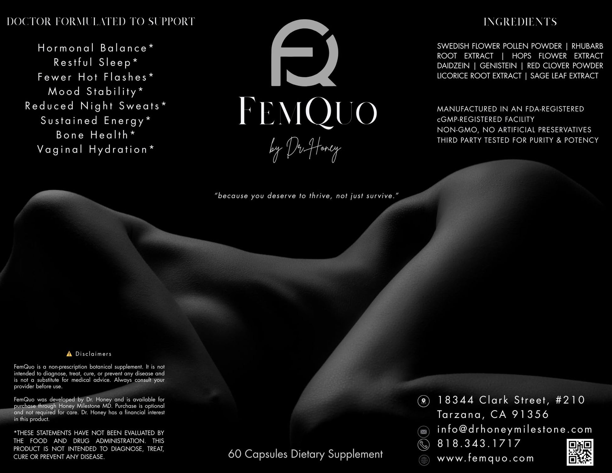 FemQuo by Dr. Honey Menopause & Perimenopause Support for Women Non Hormonal OBGYN Formulated with Rhapontic Rhubarb Red Clover Hops &Sage to Help Hot Flashes Night Sweats Sleep and Mood 60 Capsules FemQuo by Dr. HoneyAu supplements