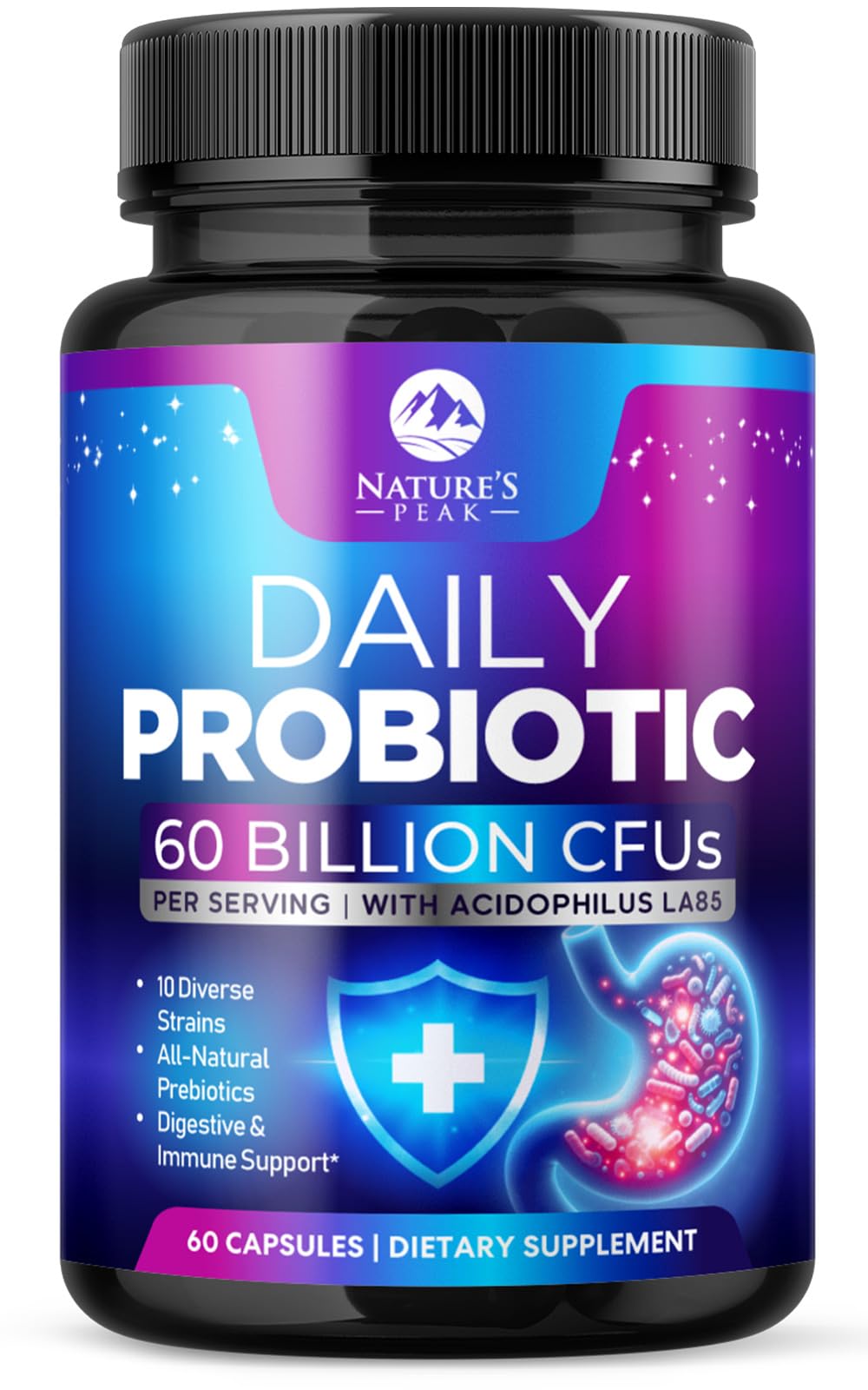 Probiotics 60 Billion CFU - 10 Strains + Digestive Enzymes & Prebiotics - Best Probiotic for Women & Men, Supports Immune, Gut Health, Occasional Constipation, Diarrhea, Gas & Bloating - 60 Capsules Nature's PeakAu supplements