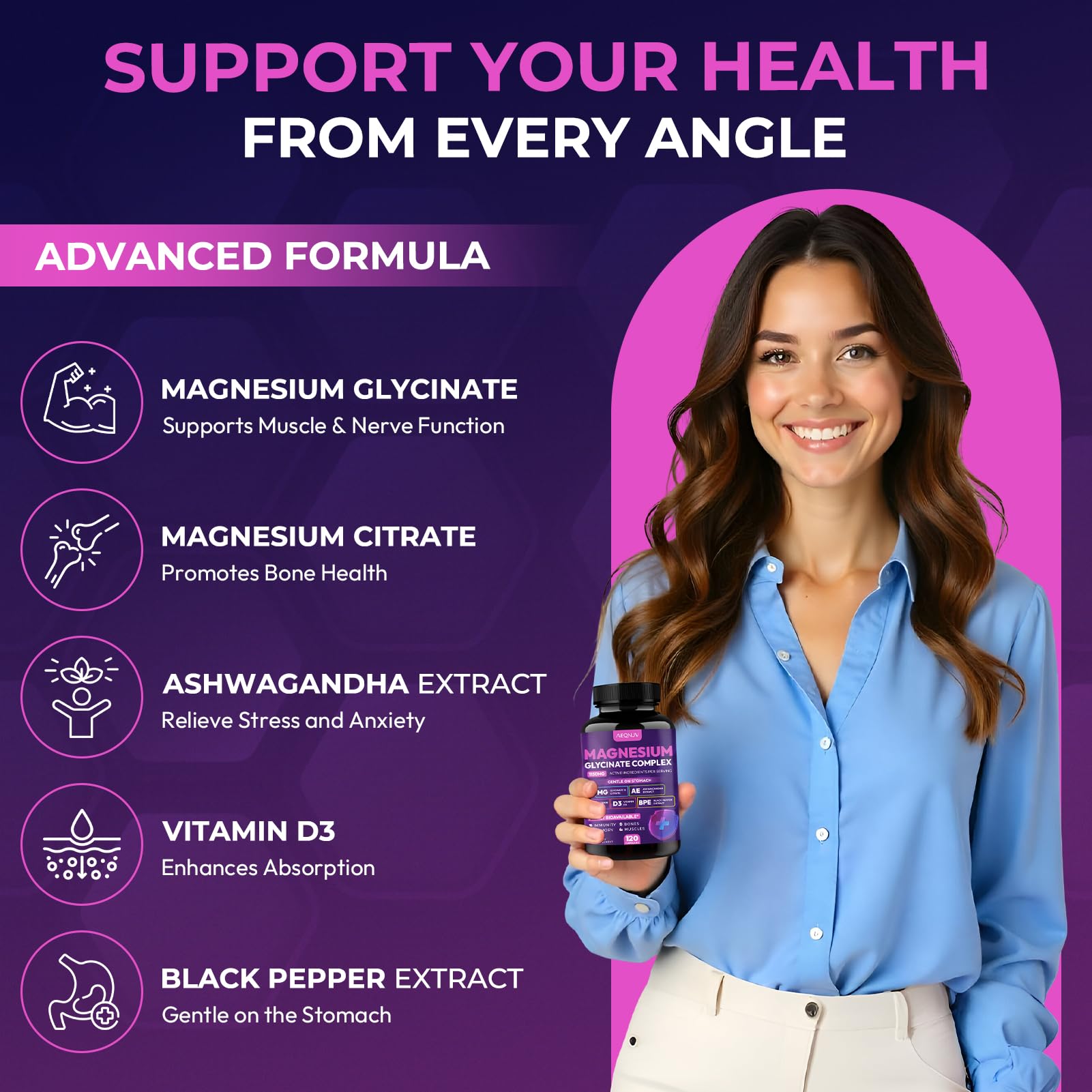 Magnesium Glycinate Complex 1150mg - Gentle on Stomach High Absorption Magnesium Capsules with Citrate, Silica, Ashwagandha & Vitamin B6 for Zzz, Stress Relief, Muscle Support for Adults, Women & Men AEQNJVAu supplements