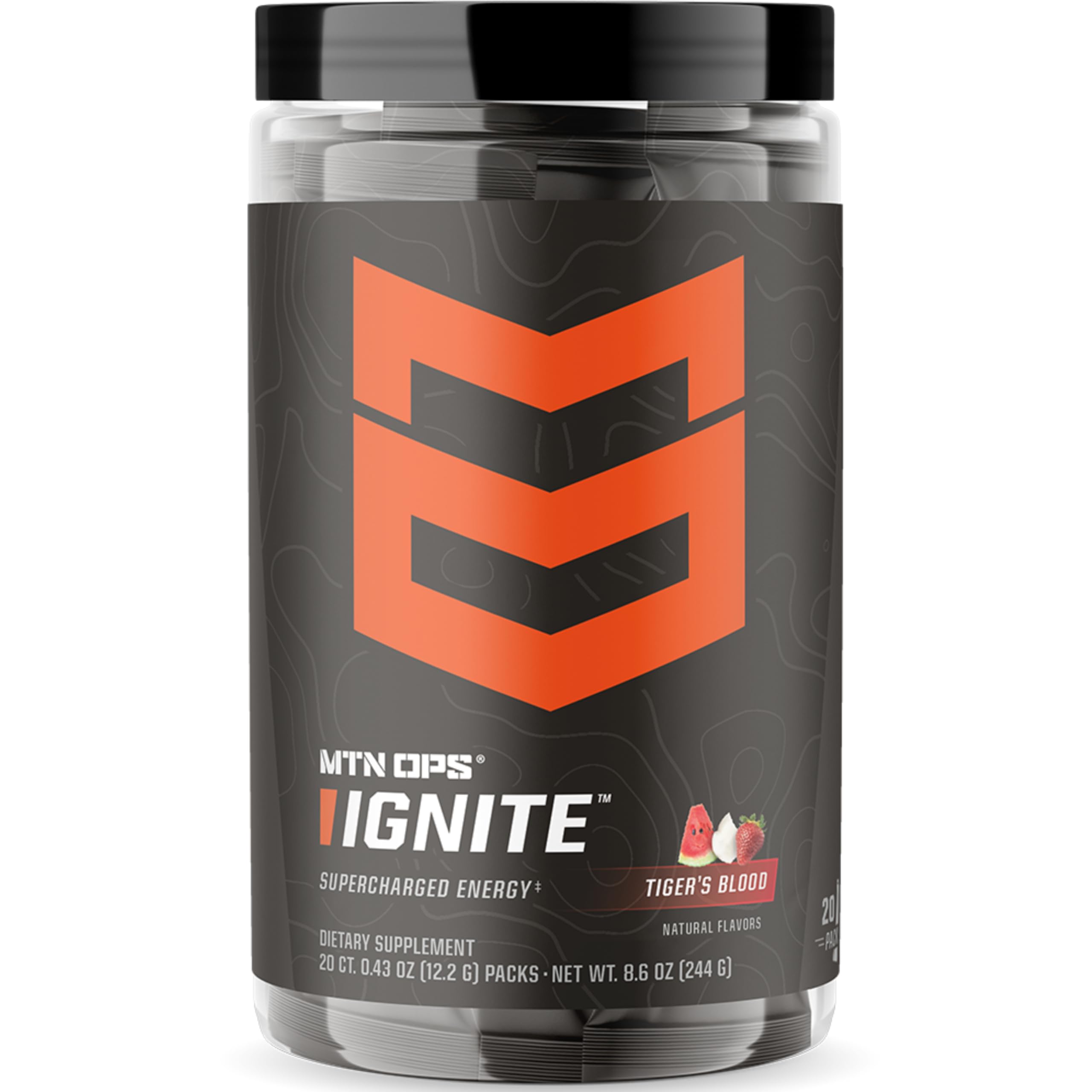 MTN OPS Ignite Trail Packs Energy Drink Powder, Gluten Free Nootropic Supplement Drink Mix, L Arginine, L Citrulline, Caffeine & Nootropic Sugar Free Drink Mix, 20 Servings, Tiger's Blood MTN OPSAu supplements