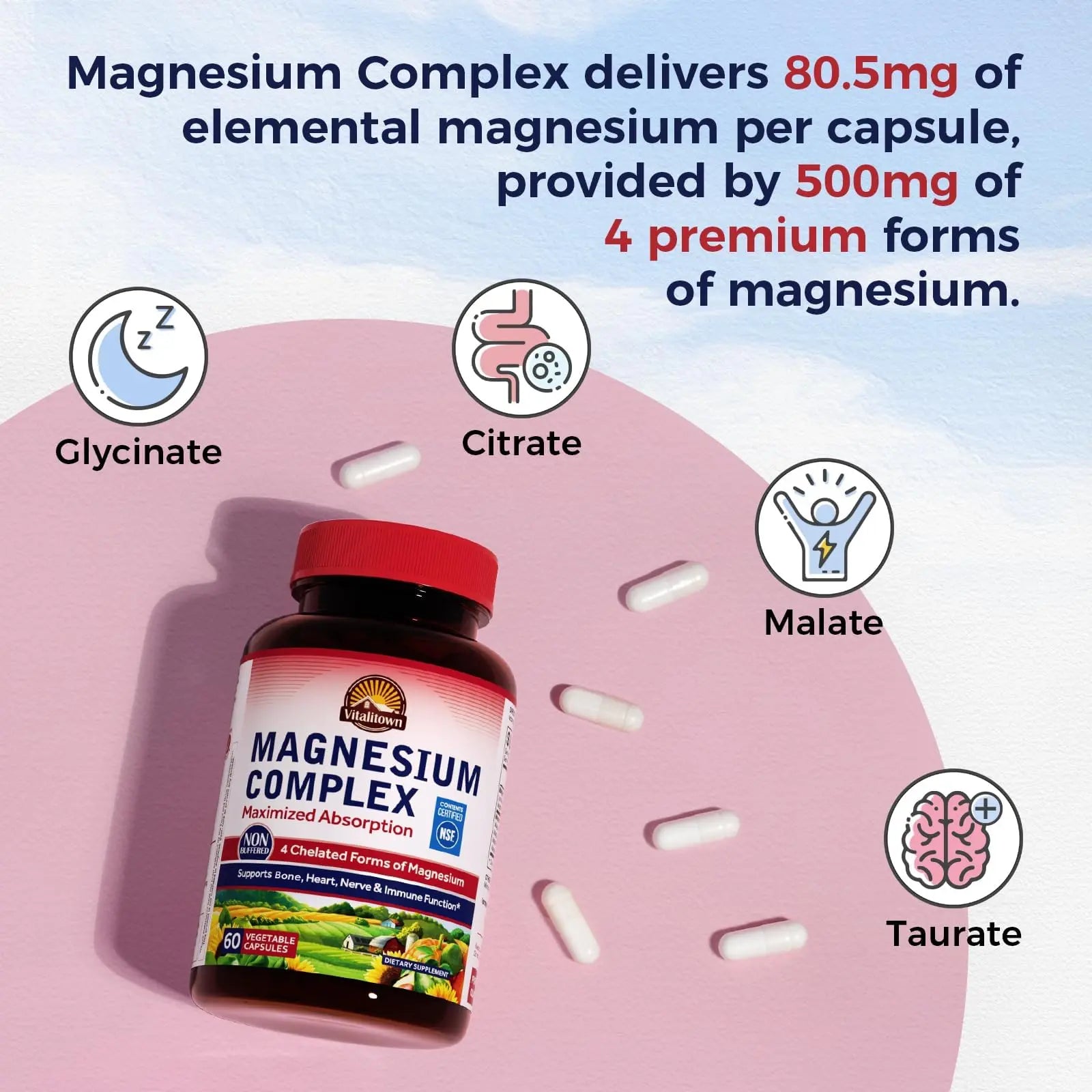 Vitalitown Magnesium Complex Supplement 500mg - NSF Certified Magnesium Glycinate, Malate, Taurate & Citrate - Chelated High Absorption & Gentle on Stomach - Vegan Non-GMO 120 Capsules VITALITOWNnz supplements