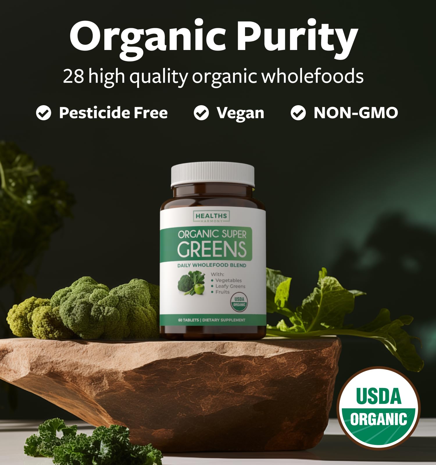 USDA Organic Super Greens Supplement - Organic Greens Fruits and Vegetable Supplement for Adults with 28 Superfood Complex with Superfruits Roots Herbs & More - Vegan & Non-GMO (Up to 1 Month Supply) Healths HarmonyAu supplements