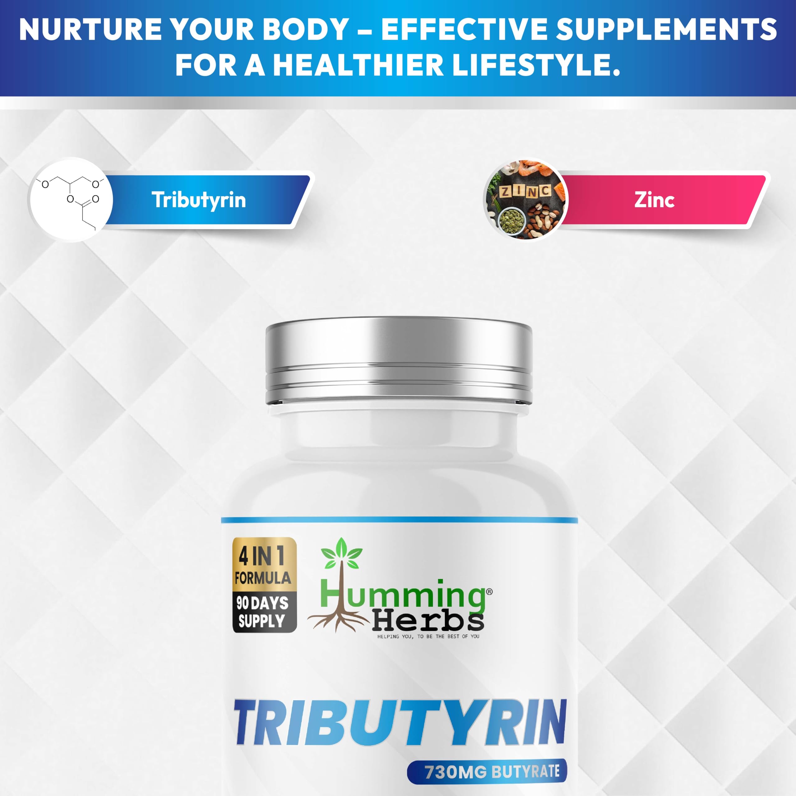 Humming Herbs Tributyrin Complex — 850 mg per Serving (95% Pure, yielding 731 mg Butyrate) with L-Glutamine, Zinc L-Carnosine, FOS & Probiotic Blend (180) Humming HerbsAu supplements