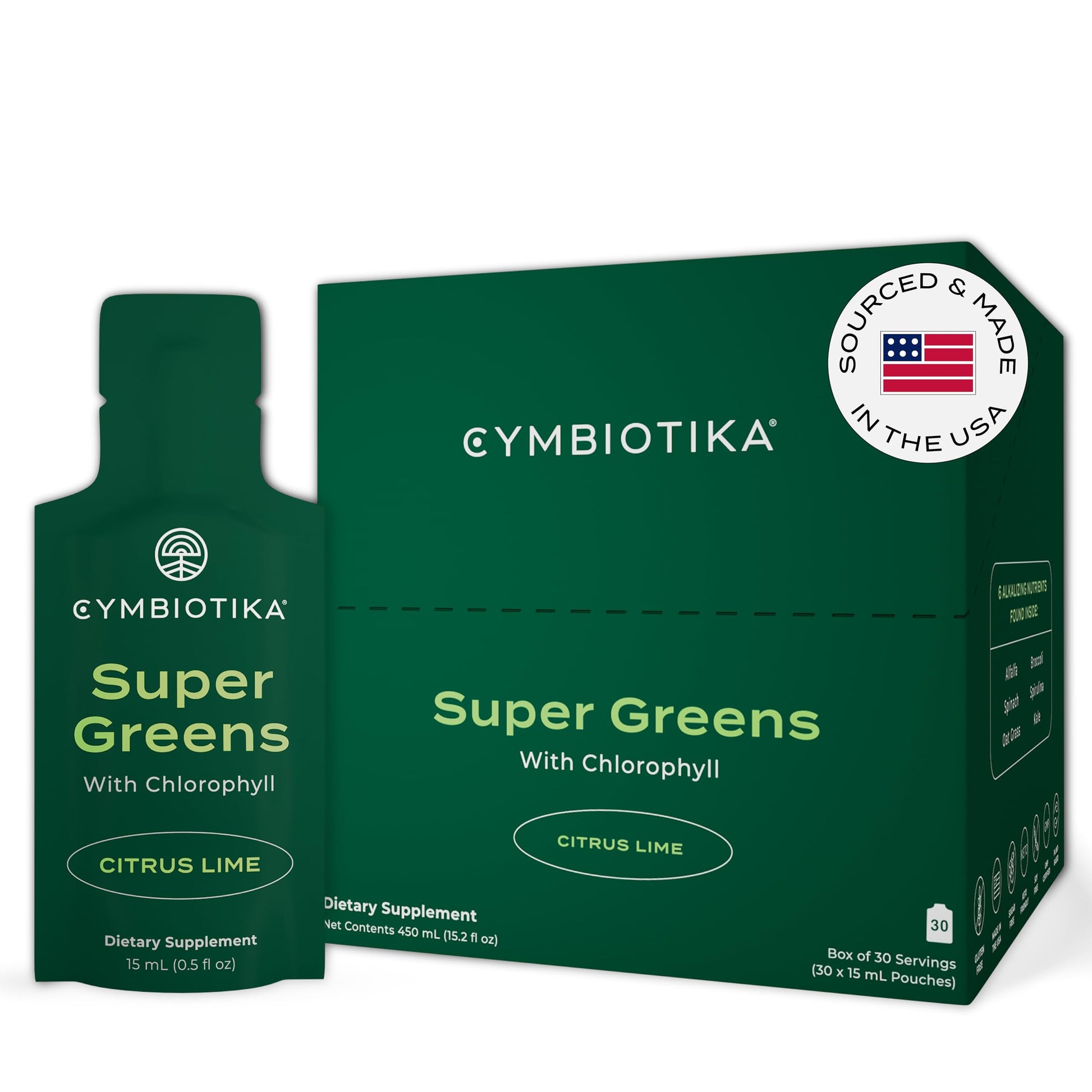 CYMBIOTIKA Super Greens Supplement with Chlorophyll, Spirulina, Daily Vegan Superfood Packets for Digestive Gut Health, Detox, Energy and Immune Support, Citrus Lime Flavor, 15 mL Pouches, 30 Pack CYMBIOTIKAUS supplements