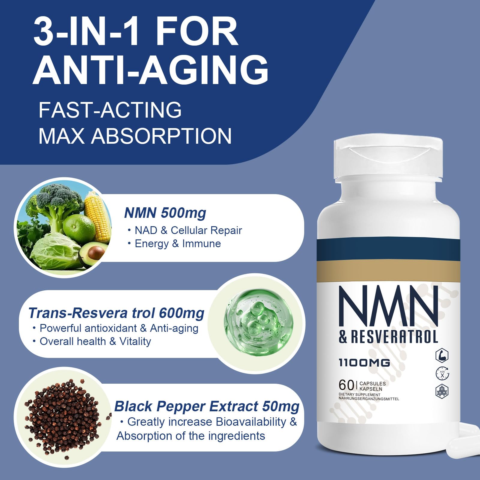 Jeaderly 1100mg NMN & Trans-Resveratrol, 3-in-1 Supplement, 60 Veggie Capsules – Supports NAD+ Boost*, Cellular Energy, Immune Function, Muscle Health & Anti-Aging, 30-Day Supply JeaderlyAu supplements
