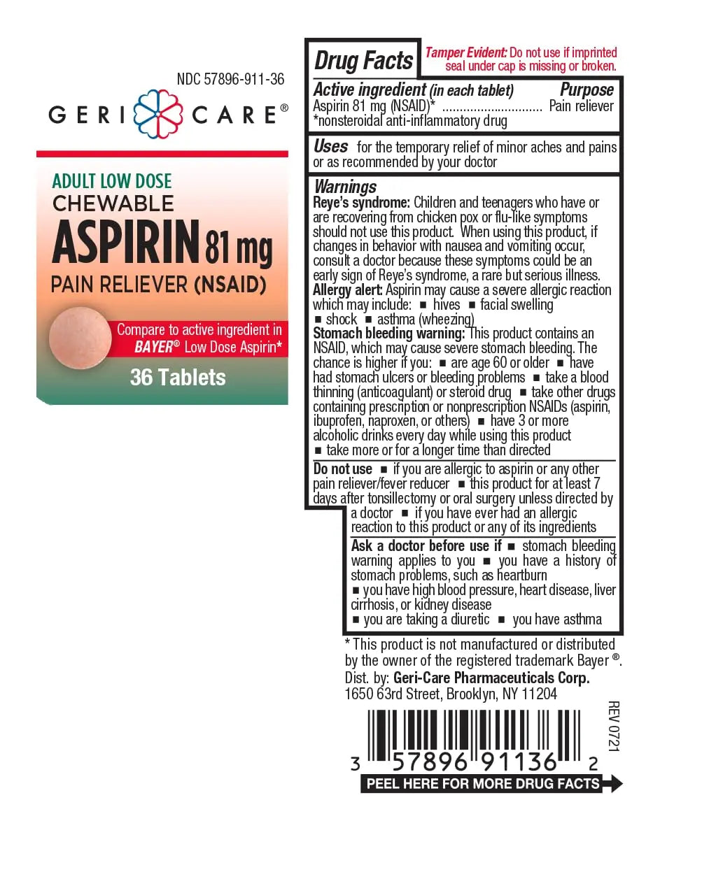 GeriCare Low Dose Adult Chewable Aspirin 81mg, Pain Reliever, Fever Reducer, 36 Count (Pack of 4) GeriCareAu supplements