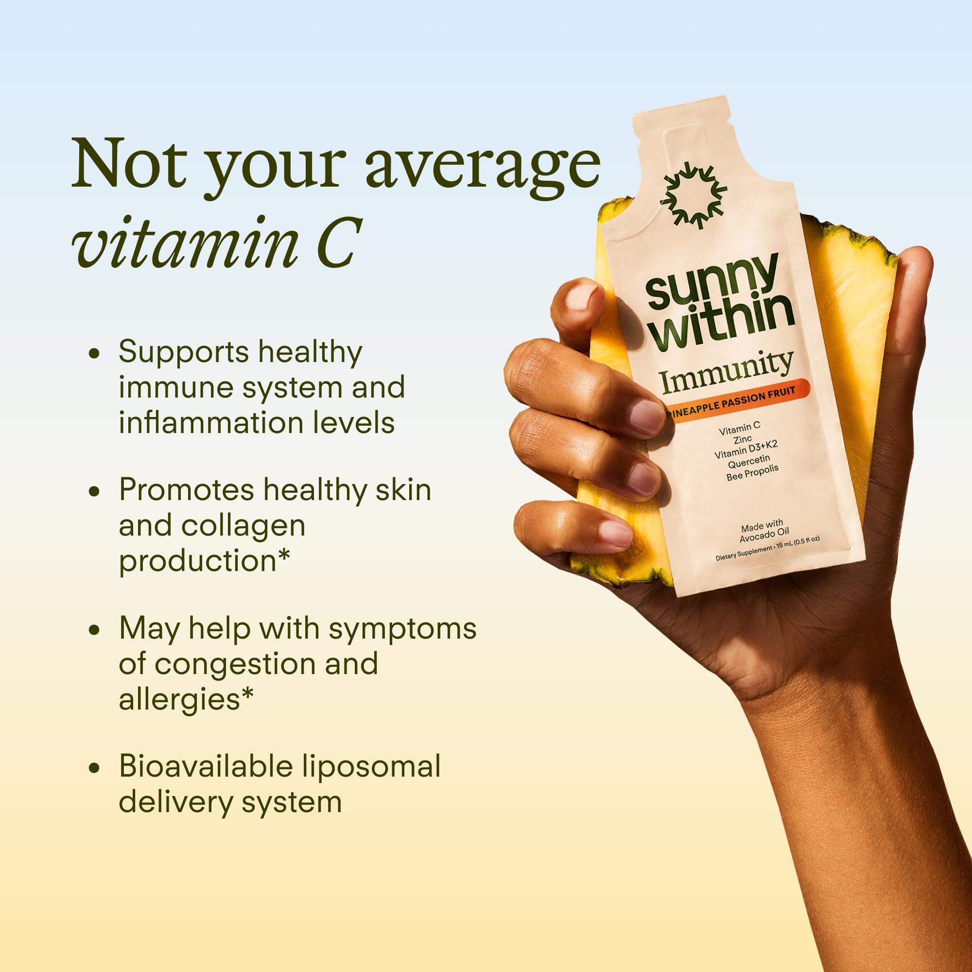 Sunny Within Immunity - 6-in-1 Liposomal Vitamin C Packets, Zinc, D3 + K2, Quercetin, Bee Propolis & Avocado Oil - Antioxidant Liquid Supplement for Immunity, Skin & Bone* - 30 Pouches Sunny WithinAu supplements
