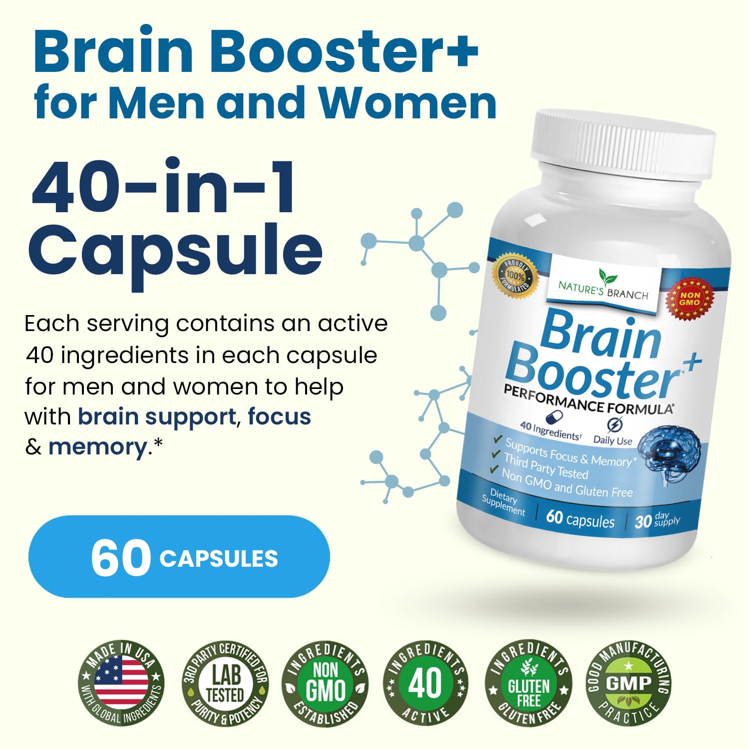 40-in-1 Brain Booster Supplement for Focus, Memory, Clarity, Energy | Advanced Vitamins Plus eBook | for Men & Women, Cognitive Function Nootropic Support with DMAE, Mind Health Formula | 60 Capsules NATURE'S BRANCHAu supplements