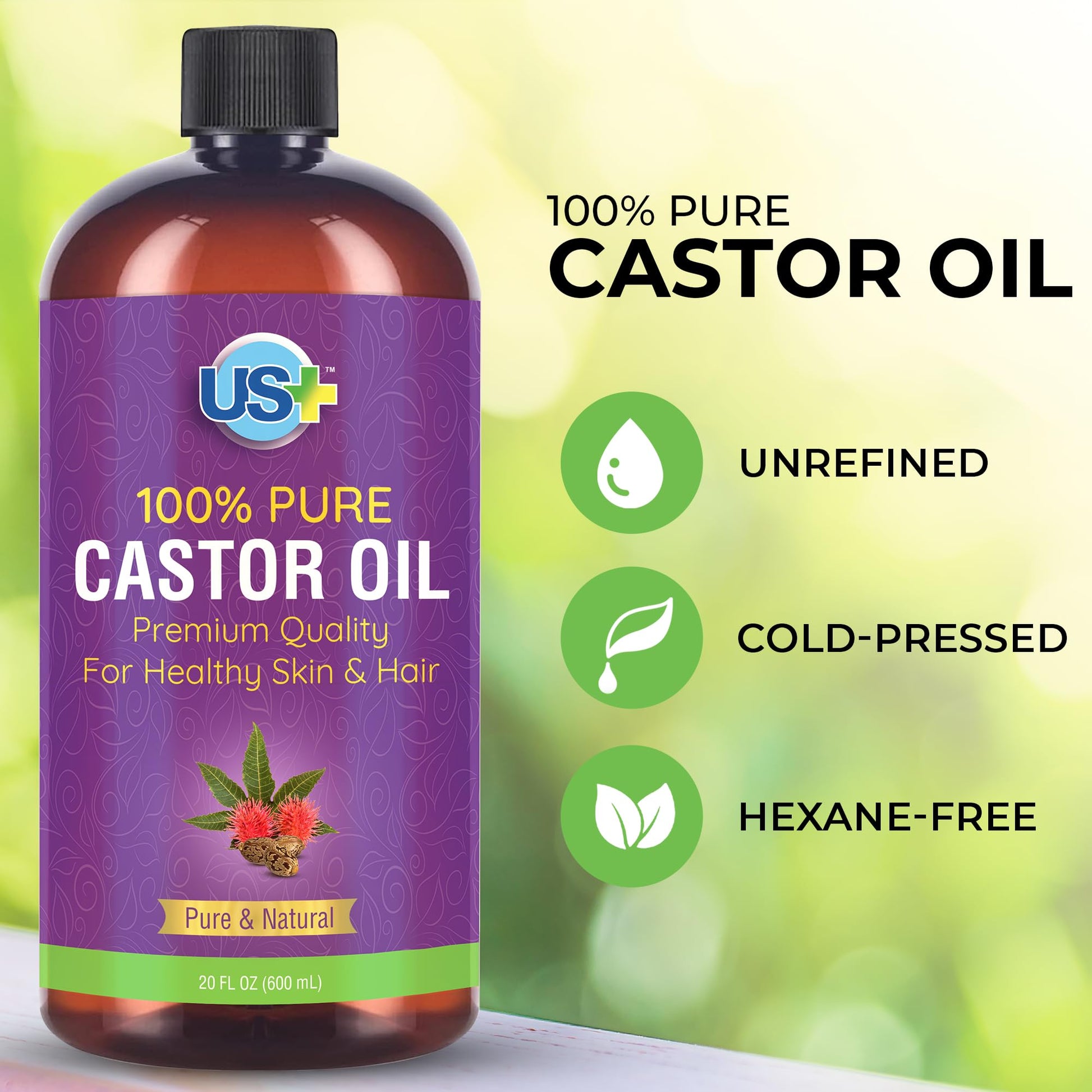 Us+ 20oz 100% Pure Castor Oil - Cold-pressed, Unrefined, Hexane-free - USP Grade - Premium Quality Us+Au supplements