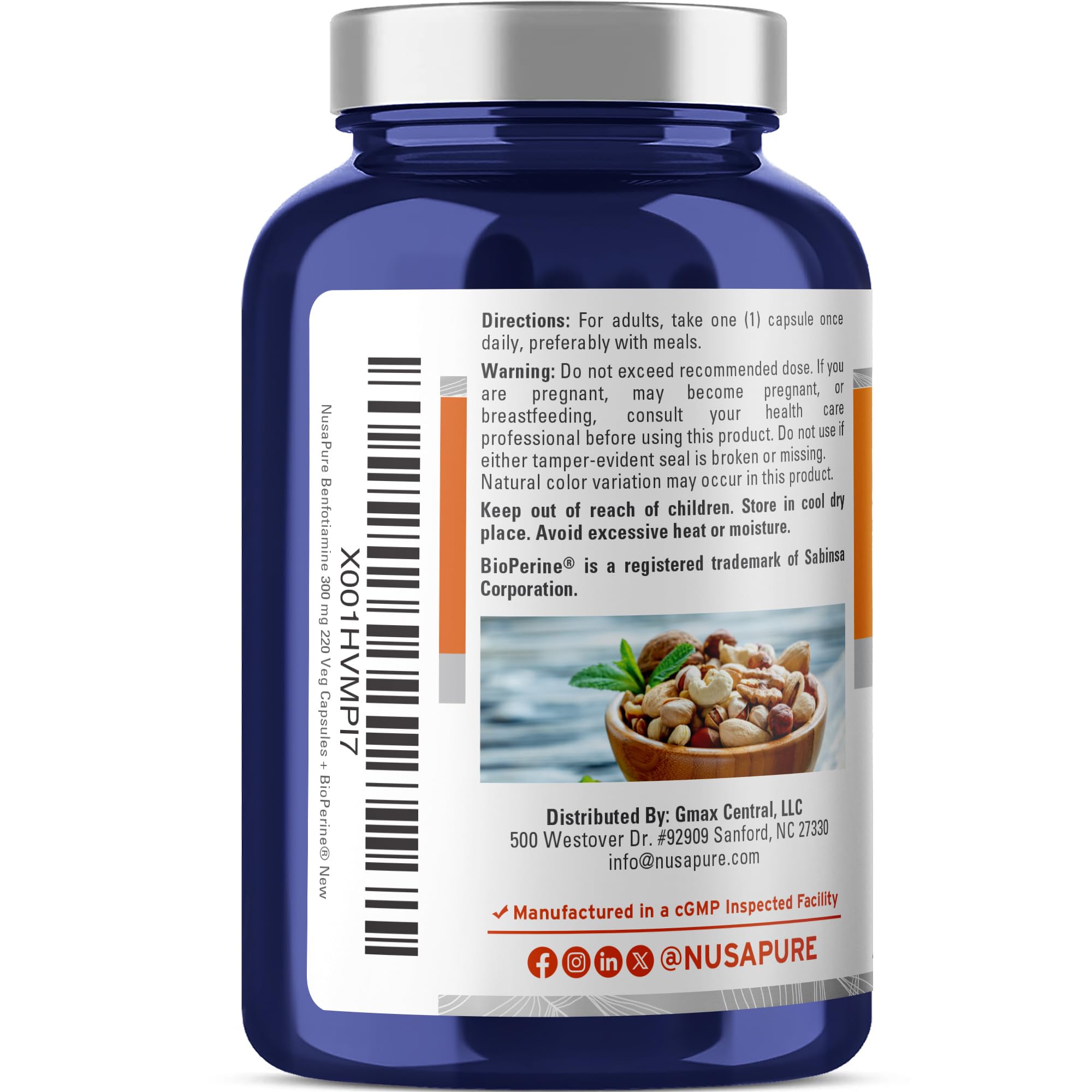 NusaPure Benfotiamine 300mg Per Veggie Caps 220 Count (Non-GMO, Vegan) Bioperine NusaPureAu supplements