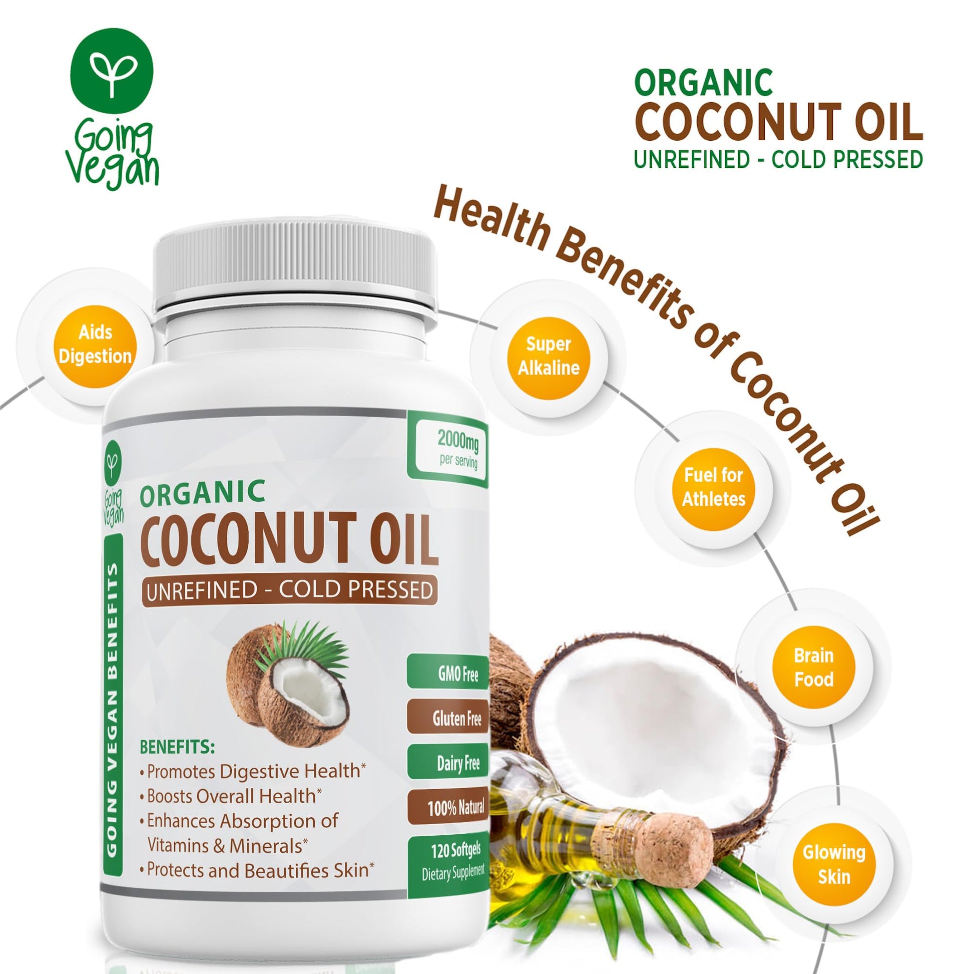 Organic Coconut Oil Capsules 2000mg - 100% Extra Virgin, Cold Pressed for Healthy Skin Going VeganAu supplements