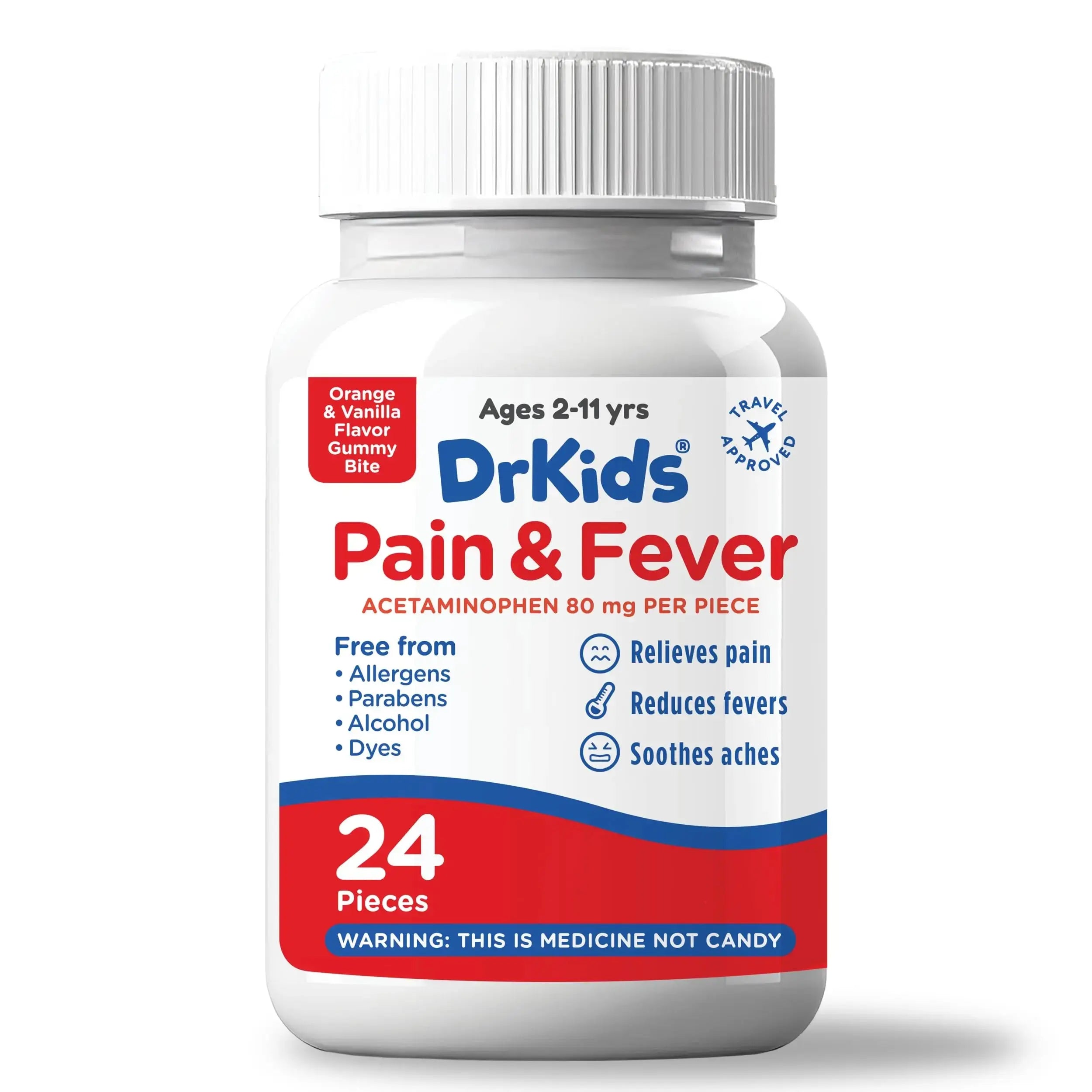 Dr. Kids Children’s Pain and Fever Gummy Bite - Chewable Acetaminophen for Kids Ages 2-11, Pre-Measured Soft Chews for Headache, Sore Throat, Cold and Flu, Orange Vanilla Flavor, 24 Count Dr. KidsAu supplements