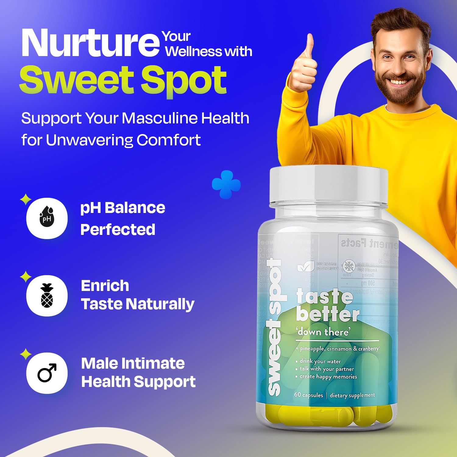 Pineapple Probiotics for Men – 625mg Sweet Spot Formula with Pineapple Extract, Cranberry & Cinnamon, Supports pH Balance & Freshens Taste, 60 Capsules, Made in the USA TASTE THE SWEET SPOTAu supplements