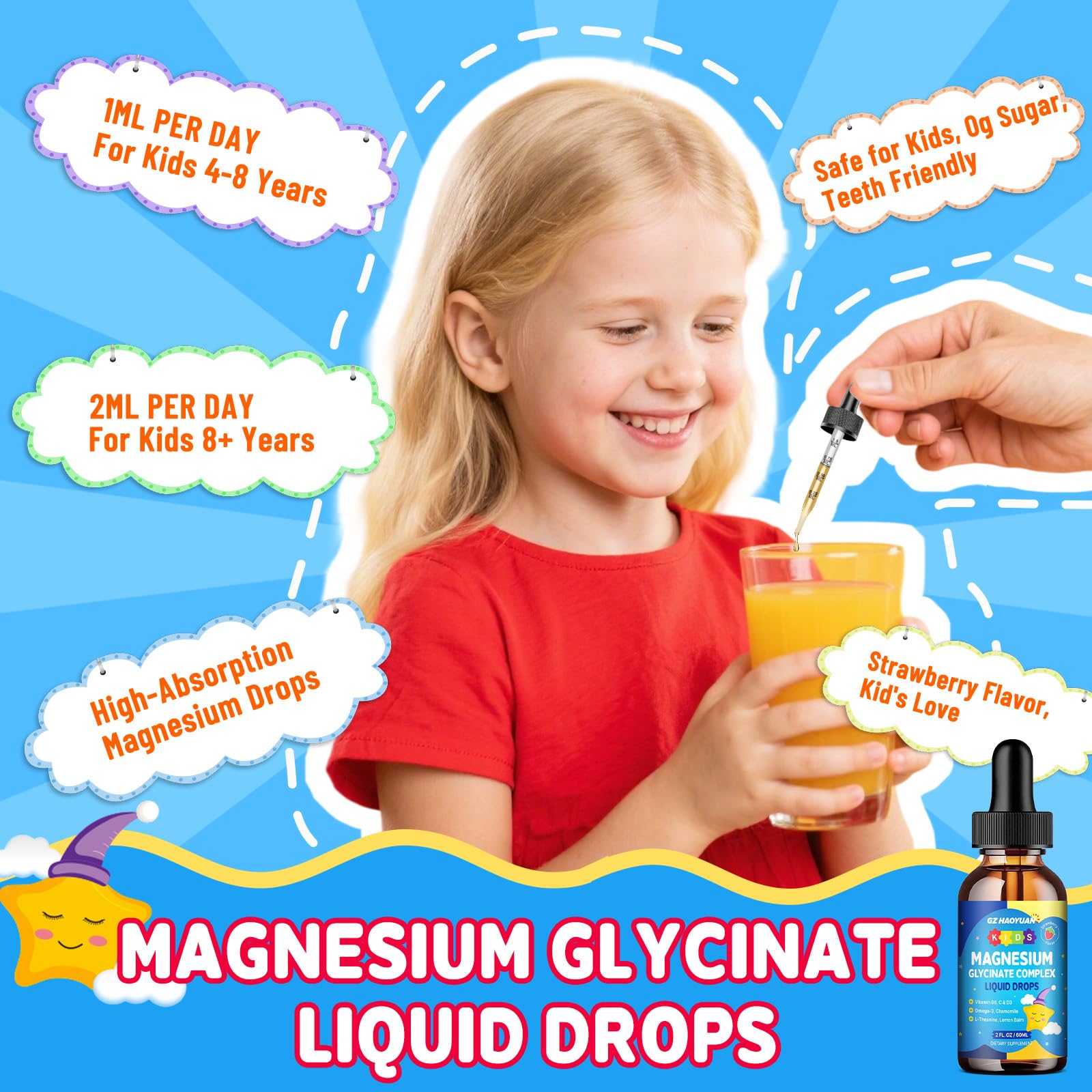 Kids Magnesium Glycinate Liquid Drops‌ – with L-Theanine, Omega-3, Vitamins B6 & D3, Zinc & Calcium – for Sleep Support, Relaxation, Focus & Brain, Bones – Strawberry Flavor, 2 Fl Oz GZ HAOYUANAu supplements