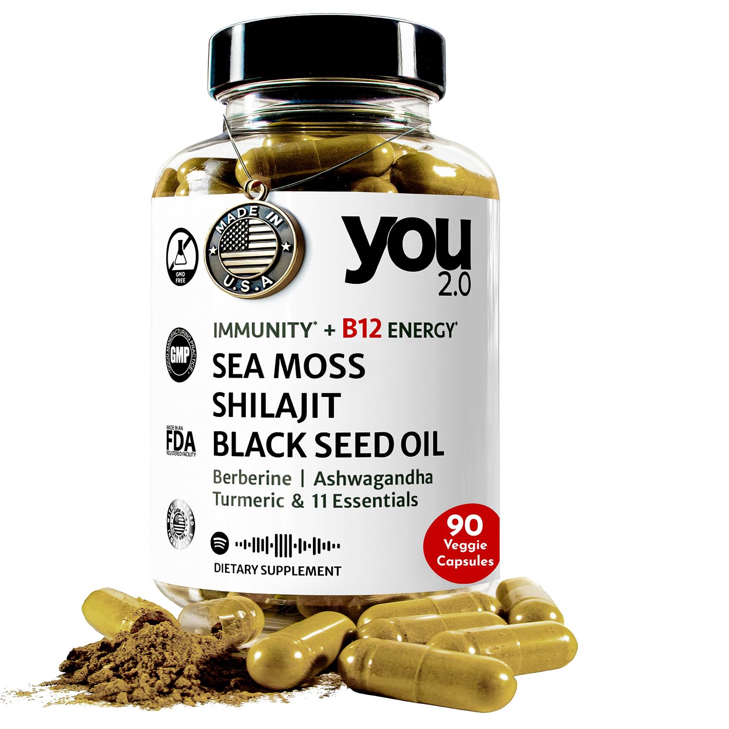 YOU 2.0 Powerhouse Superfood with Seamoss, Shilajit, Ashwagandha, Berberine, Maca, Black Seed Oil, Turmeric, Vitamin C, D, B12, K2 - Moringa, Apple Cider, Made in USA for Overall Health & Immunity YOU 2.0Au supplements