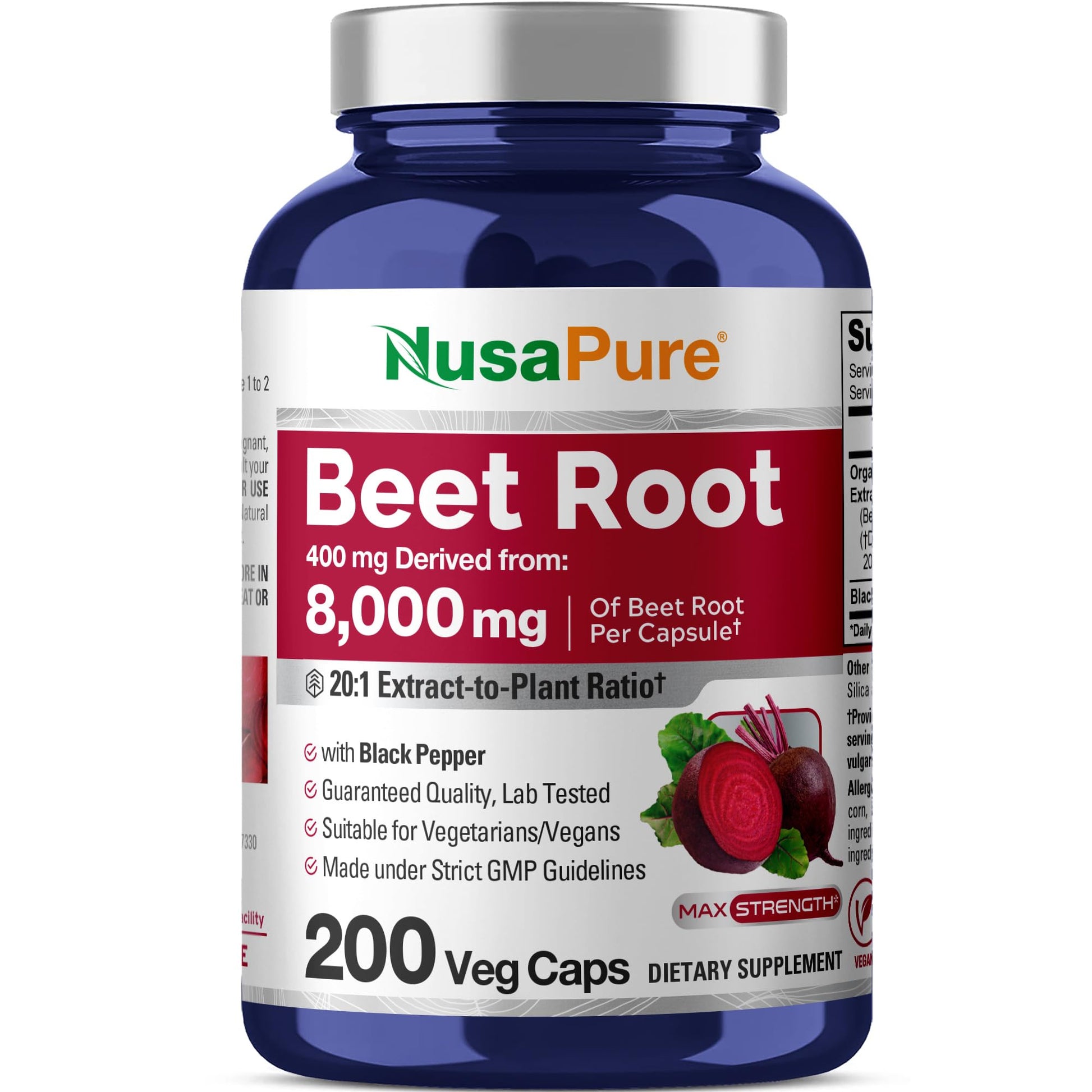NusaPure Organic Beet Root 20:1 Extract, 400 mg Equivalent to 8,000 mg - Black Pepper 4:1 Extract, 10 mg - 200 Veggie caps (Vegan, Non-GMO) NusaPureAu supplements