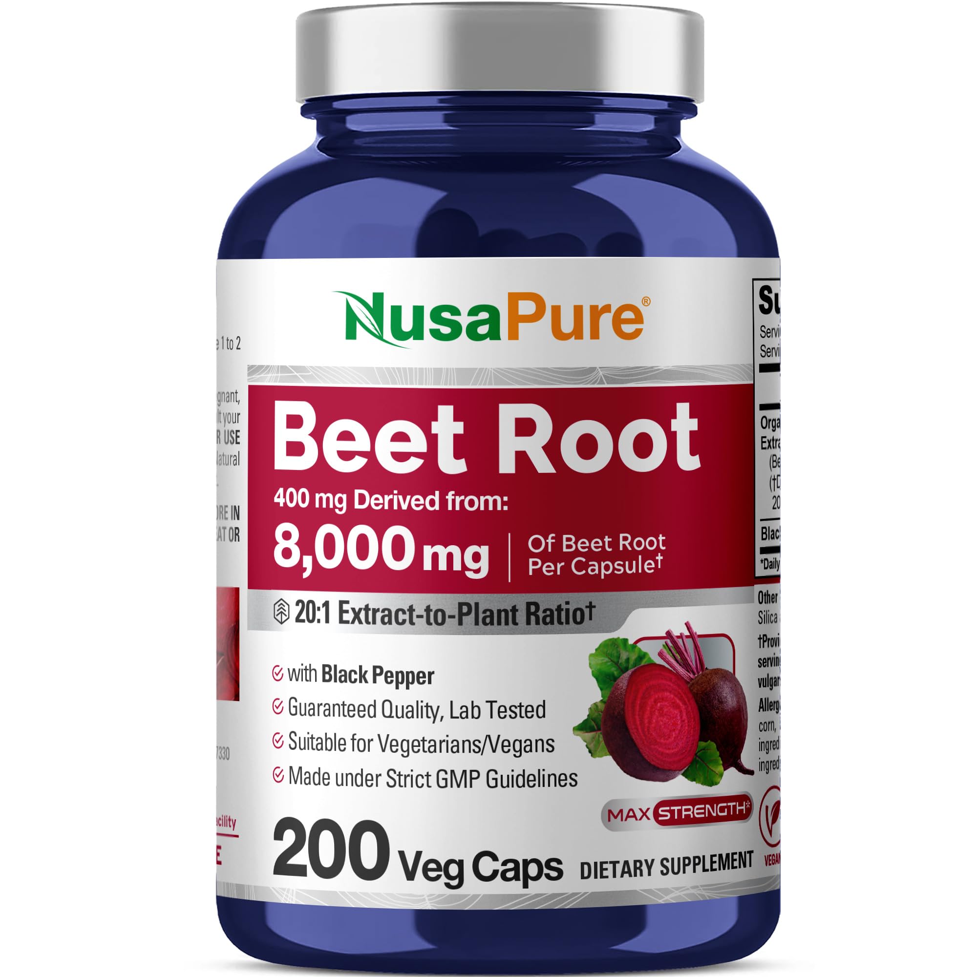 NusaPure Organic Beet Root 20:1 Extract, 400 mg Equivalent to 8,000 mg - Black Pepper 4:1 Extract, 10 mg - 200 Veggie caps (Vegan, Non-GMO) NusaPureAu supplements