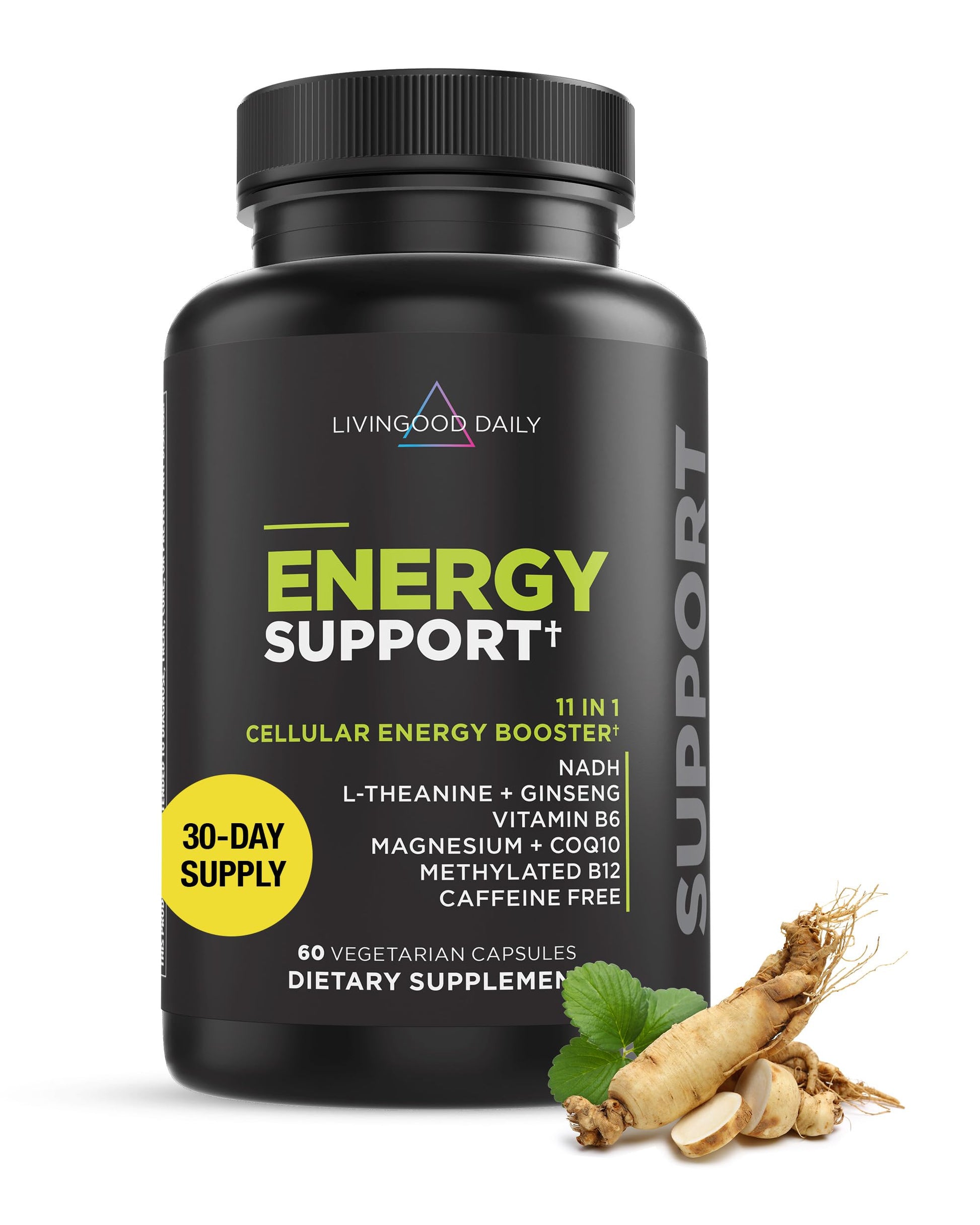 Livingood Daily Energy Support, 11-in-1 Supplement with Magnesium, Vitamin B6, B12, Amino Acids, L Carnitine, CoQ10, Ginseng & L Theanine, Supports Natural Energy for Men & Women, Vegan, 60 Capsules Livingood DailyAu supplements