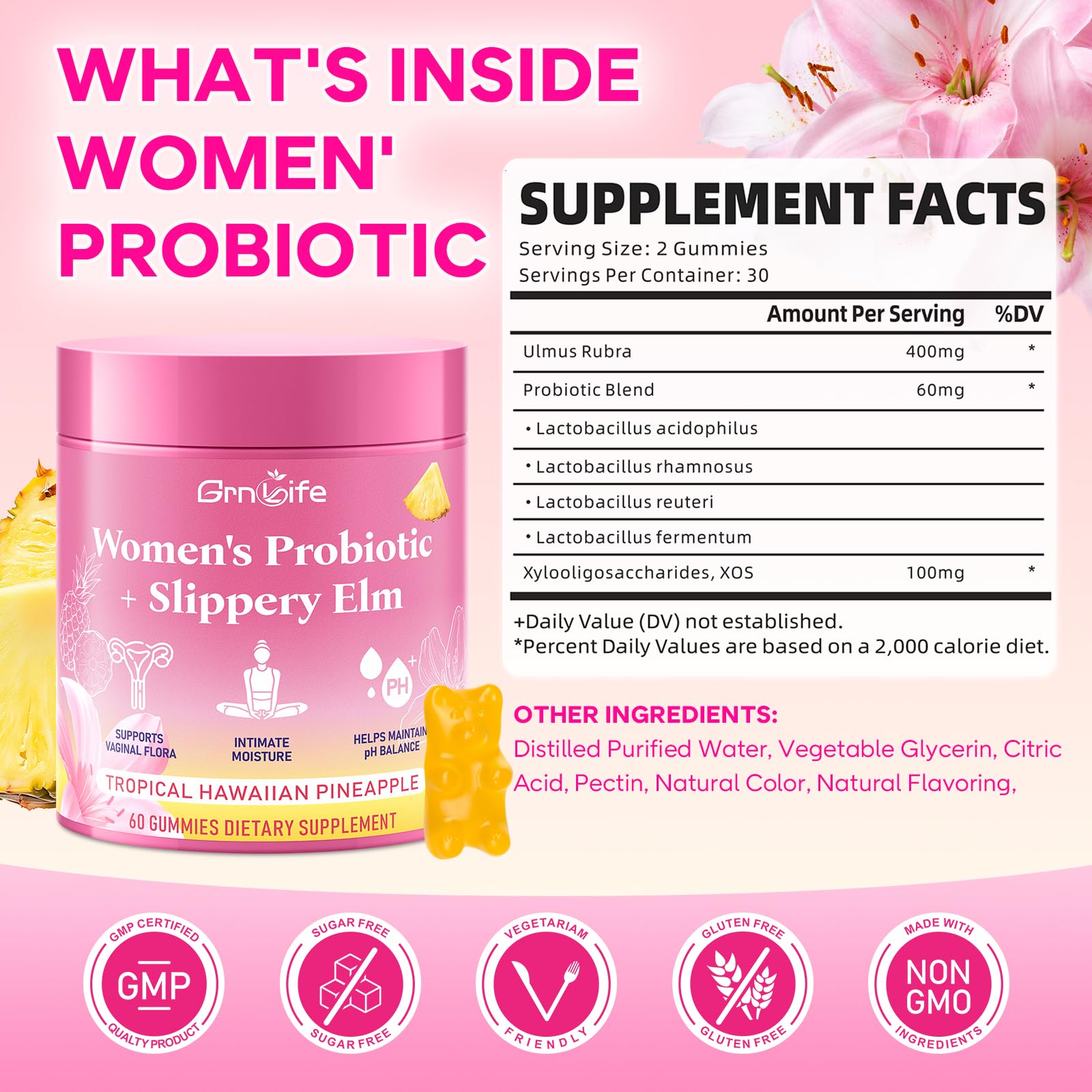 GrnLife Women's Probiotic Slippery Elm Gummies, Her Juicy Feminine Probiotics Gummies for pH Balance & Immune Supports, Pineapple Flavor, 60 Count GrnLifeAu supplements