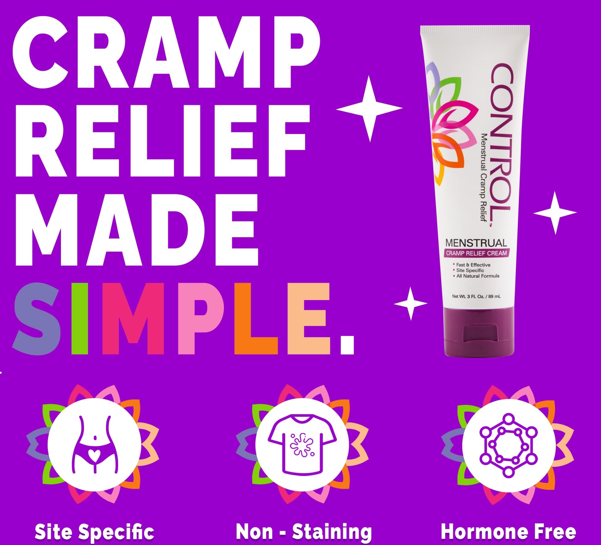 CONTROL, Menstrual Cramp Relief Cream, Topical Pain Relief for Period Cramps and PMS, Period Relief Products, Fast and Effective, Easy to Use, Safe for All Ages, Hormone Free, All Natural, 3 oz Tube. CONTROLAu supplements