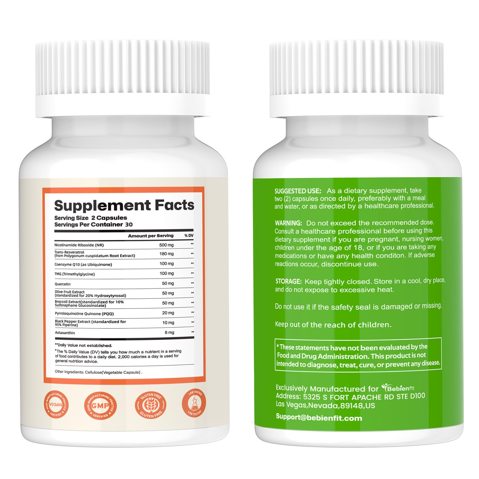 Nad Supplement for Healthy Aging | Energy| Antioxidant| Skin Health| Focus ,10-in-1 Formula with NR,Trans-Resveratrol,CoQ10,Astaxanthin,PQQ,TMG,Quercetin,Olive Fruit Nad+ for Women Men,60 Vegan Caps Bebien fitAu supplements