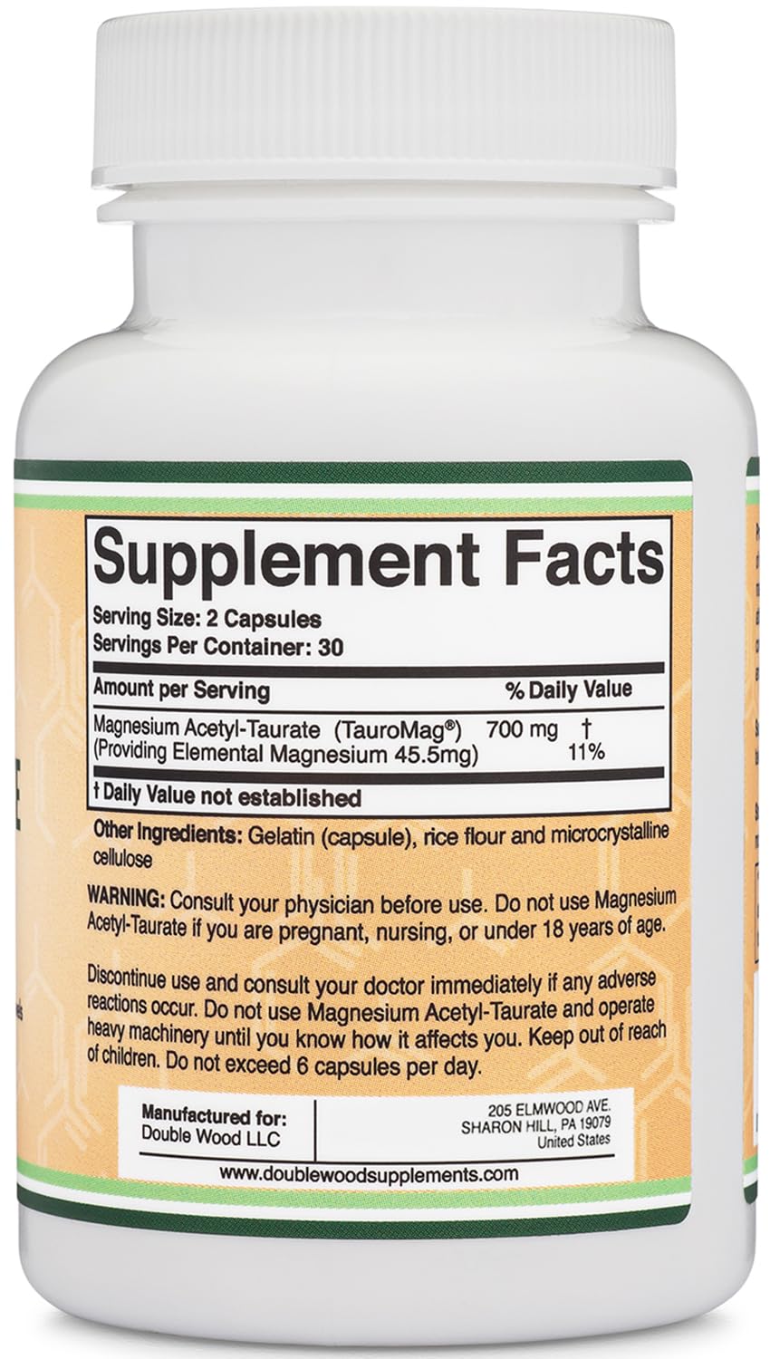 Magnesium Acetyl-Taurate (ATA MG, TauroMag) Novel and Patented Form of Magnesium for PMS and Cramp Relief (60 Capsules, 350mg) PMS Relief Magnesium Supplement by Double Wood Supplements Double Wood SupplementsAu supplements