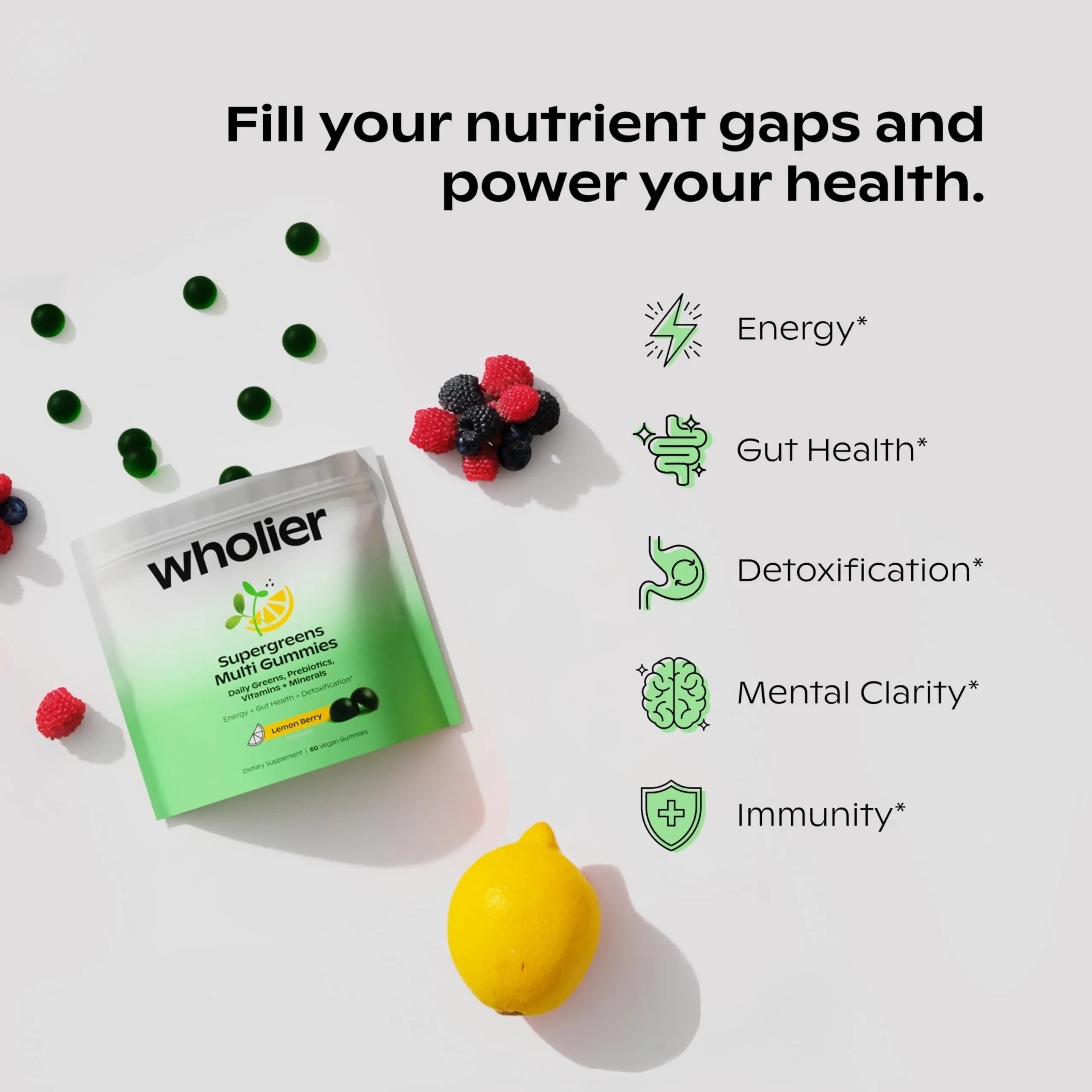 wholier Daily Supergreens Gummies, Greens Supplement with Prebiotics, Fiber, Adaptogens, Vegan Multivitamin, 9 Essential Vitamins + Minerals, 1g Sugar, 2 Gummy Serving (60 Gummies, 30 Day Supply) wholiernz supplements