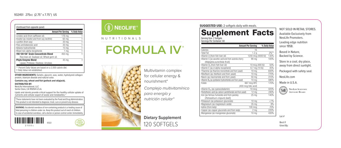 NeoLife - Formula IV Softgel - Vitamins A, C, D, E, B Complex, Multivitamins & Multi-Minerals, Multivitamin for Women & Men, TRE-EN-EN Grain Blend Supplements, Phyto Enzyme Blend - 120 Softgels NeoLifeAu supplements