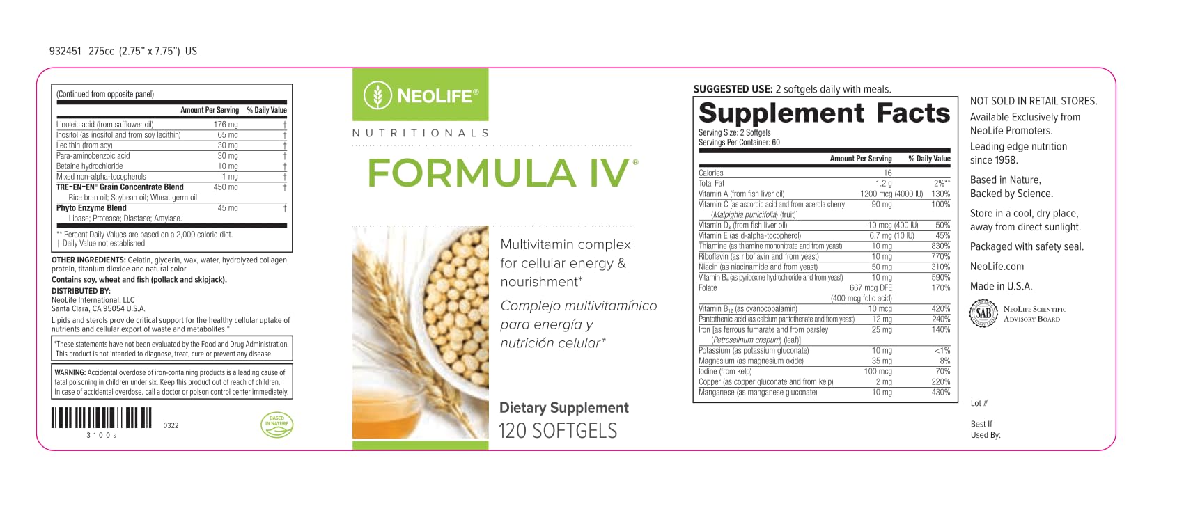 NeoLife - Formula IV Softgel - Vitamins A, C, D, E, B Complex, Multivitamins & Multi-Minerals, Multivitamin for Women & Men, TRE-EN-EN Grain Blend Supplements, Phyto Enzyme Blend - 120 Softgels NeoLifeAu supplements
