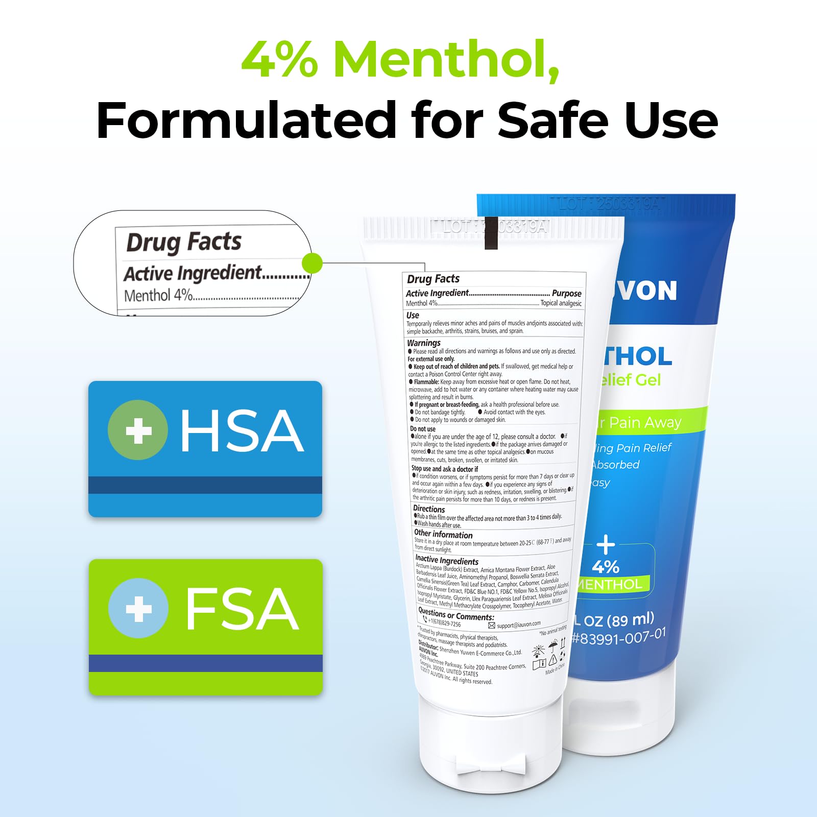 AUVON Menthol Pain Relief Gel for Chronic Joint & Back Pain, Arthritis Pain Reliever for Muscle Pain Relief, Fast-Acting Menthol Cooling Gel Soothes Knee, Hip, Shoulder, Neck Pain, 3 FL OZ Per Pack AUVONAu supplements