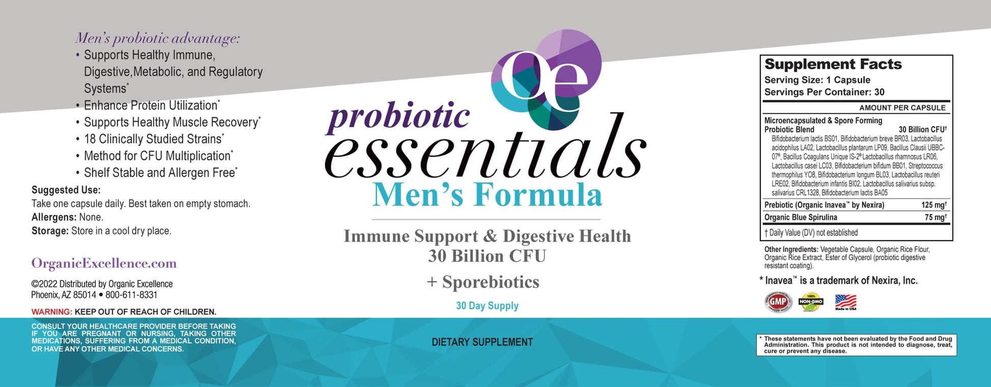 Organic Excellence Mens L Reuteri Probiotics for Gut Health with Prebiotics – 18 Strains for Digestive Health, Bloating & Immune Support – 30 Billion Probiotics + Sporebiotics – 30 Capsules Organic ExcellenceAu supplements