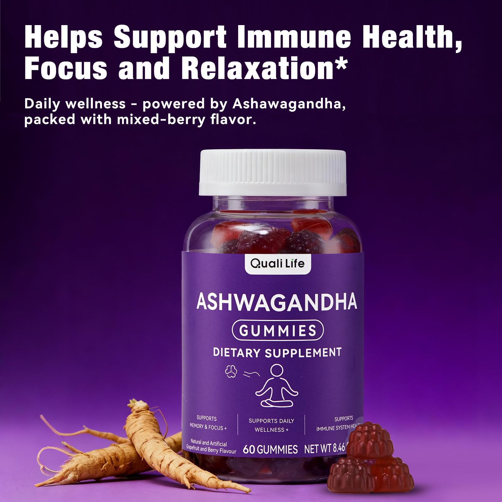 QualiLife Ashwagandha Gummies for Relax & Cortisol Support – High Strength Root Extract with Cranberry & Chaste Tree, Grapefruit & Berry Flavour – Vegan, Non-GMO, Gluten-Free – 60 Gummies (30 Days) QualiLifeAu supplements