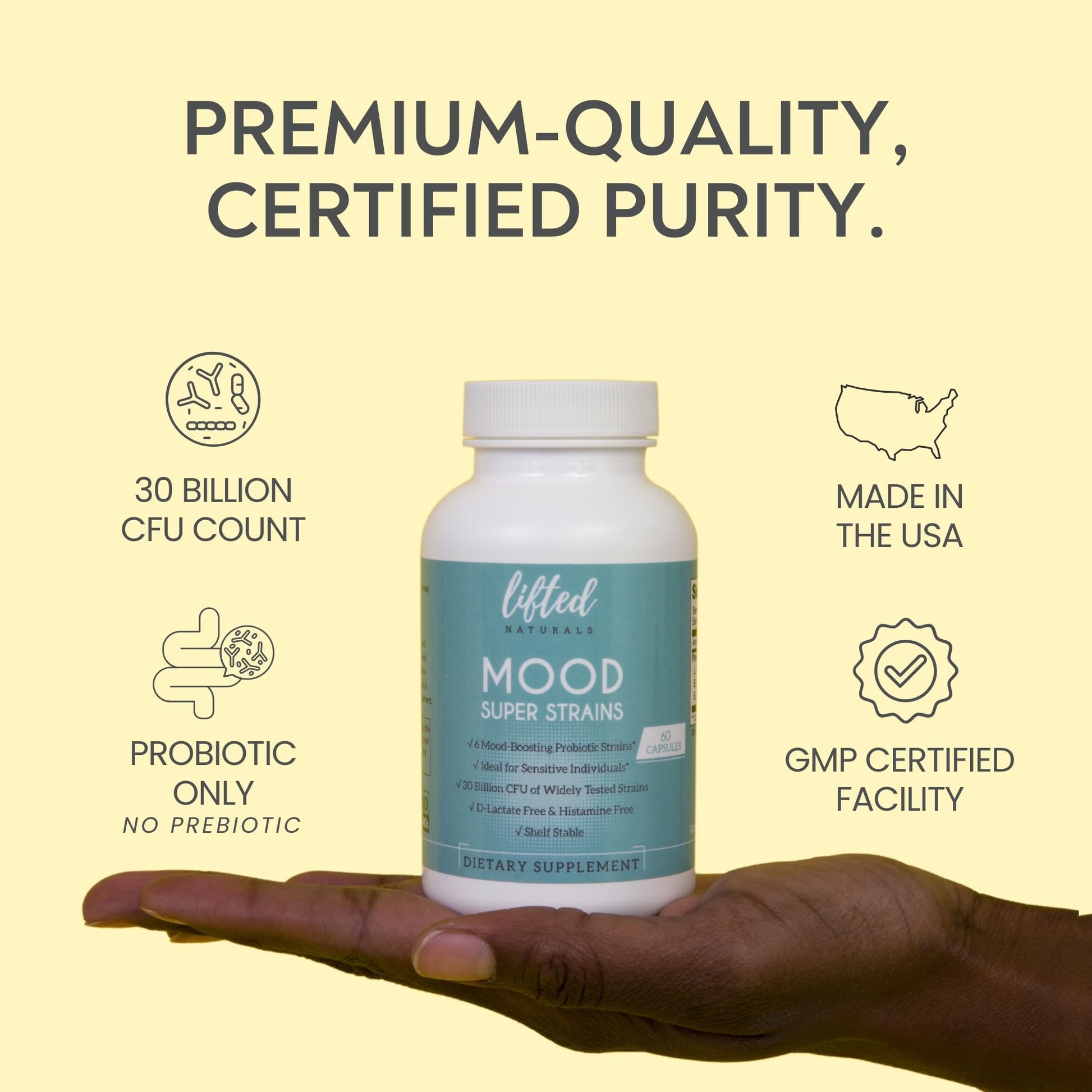 Probiotics - Mood Super Strains Probiotic - Naturally Supports Digestion & Mood - Histamine-Free Probiotics w/ L Rhamnosus GG, Shelf Stable Probiotic Supplement, 60 Day Supply, Non-GMO, VEGAN Lifted NaturalsAu supplements