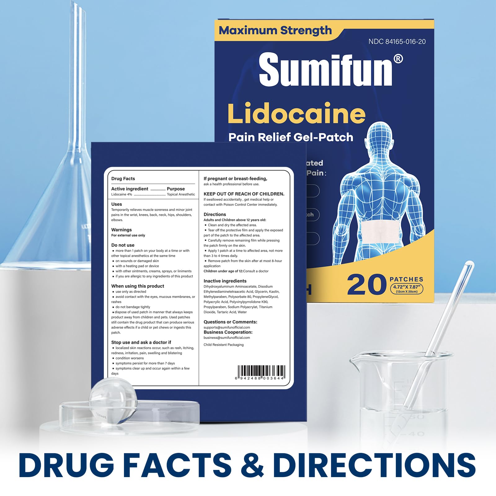 Sumifun XL Lidocaine Patches for Pain Relief, 4% Lidocaine Maximum Strength OTC, Extra Large 4.72"x7.87" for Full Back Pain Patches & Large Areas (Extra Large, Count, 20) SumifunAu supplements