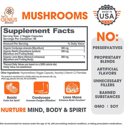 The Genius Brand - Lions Mane, Cordyceps and Reishi- Genius Mushroom The Genius BrandUS supplements