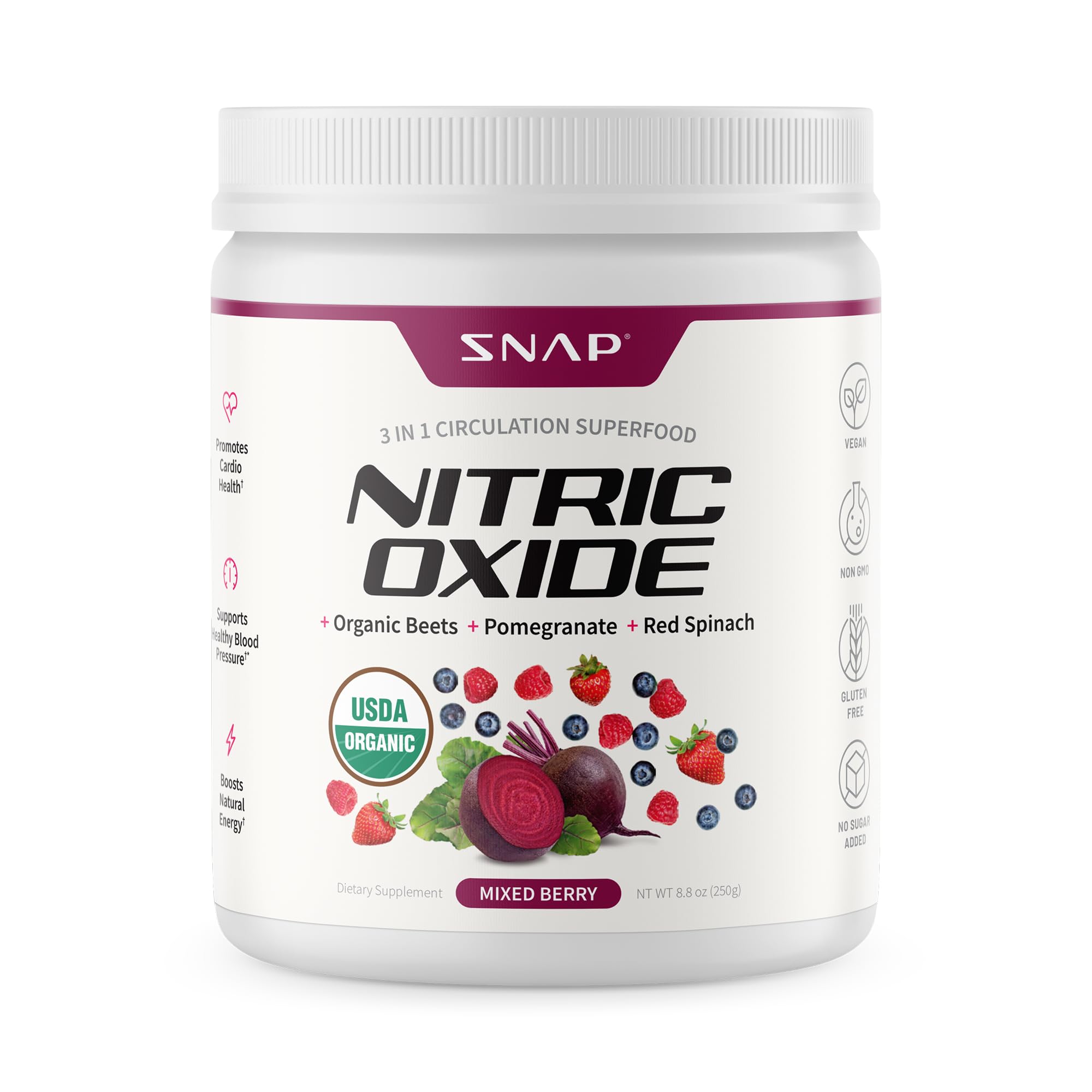 Snap Supplements Organic Beet Root Powder Nitric Oxide Supplement for Men & Women, Red Spinach & Pomegranate, Supports Healthy Energy & Blood Pressure Already in Normal Range, 30 Servings, Mixed Berry Snap SupplementsAu supplements