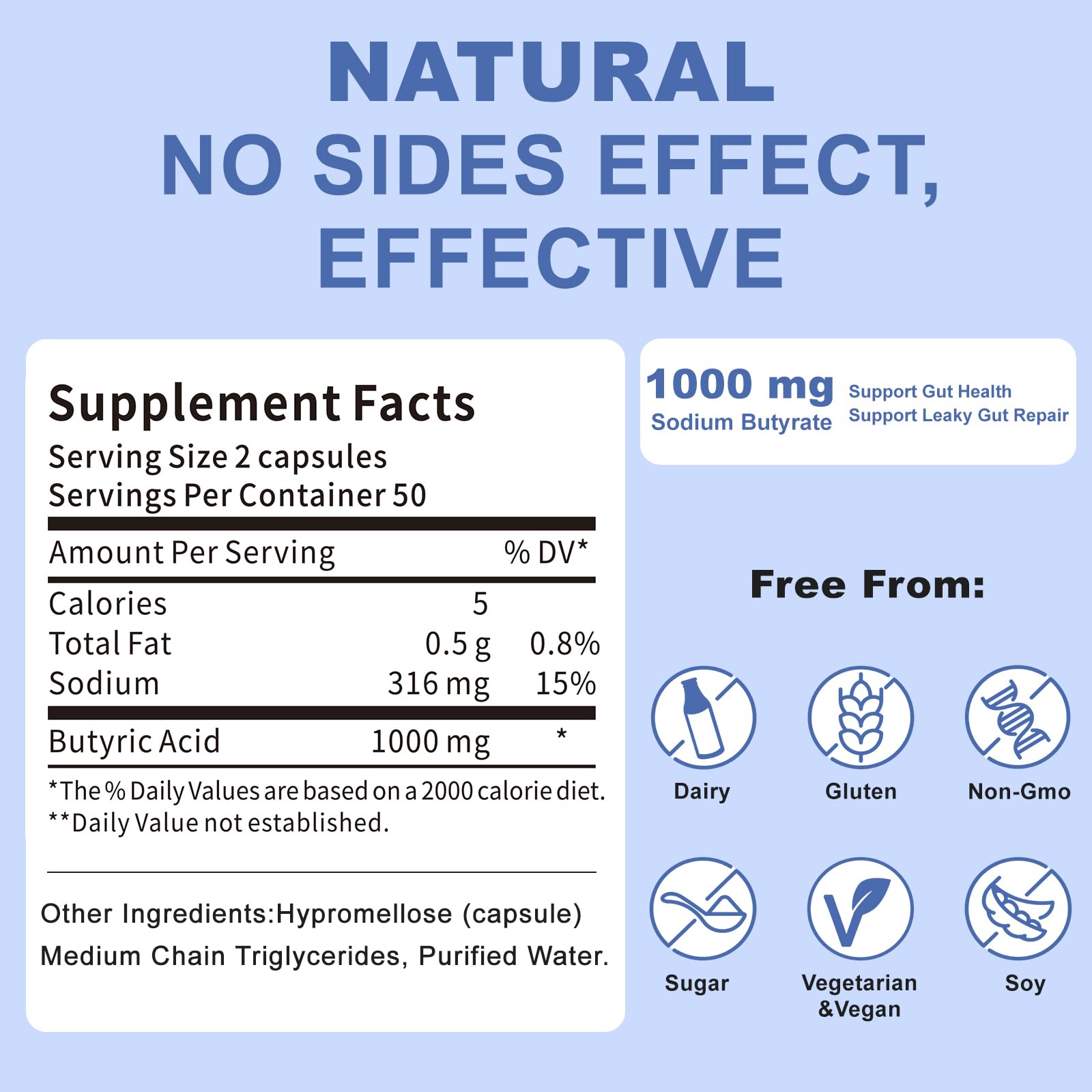 Sodium Butyrate, Butyrate Gut Health Supplement, Postbiotic for Gut, Stomach & Digestive, Support IBS, Leaky Gut, Gas & Bloat, Low Odor, 100 Vegan Capsules JkrovaAu supplements