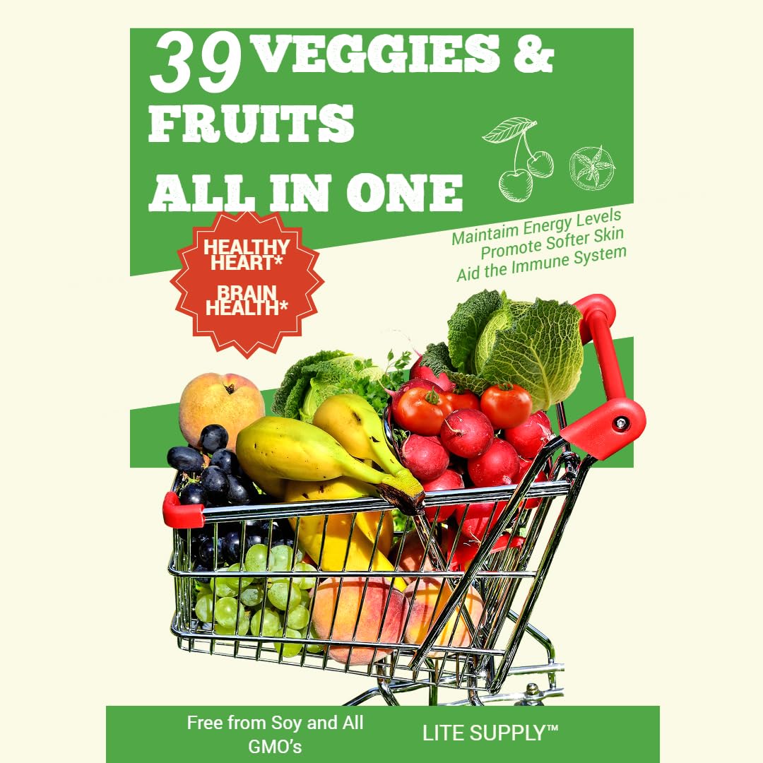 Lite Supply Fruits and Veggies Supplement 240 Caps - 120 Fruit and 120 Veggie Capsules - Whole Food & Natural Superfood Filled with Vitamins & Minerals for Women, Men Supports Energy Levels Lite SupplyAu supplements