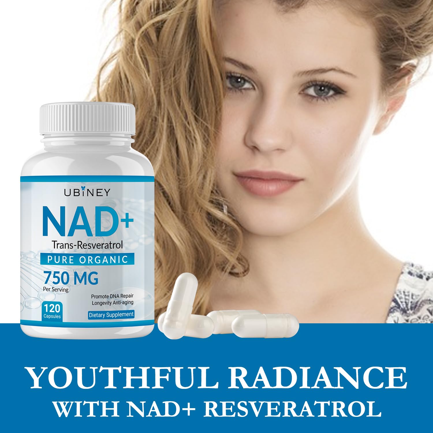 Ubiney NAD+ 750mg with Trans-Resveratrol – Pure Organic Nicotinamide Adenine Dinucleotide Supplement – DNA Repair, Cellular Energy, Anti-Aging Support – 120 Vegan Capsules, Non-GMO, Gluten-Free UbineyAu supplements