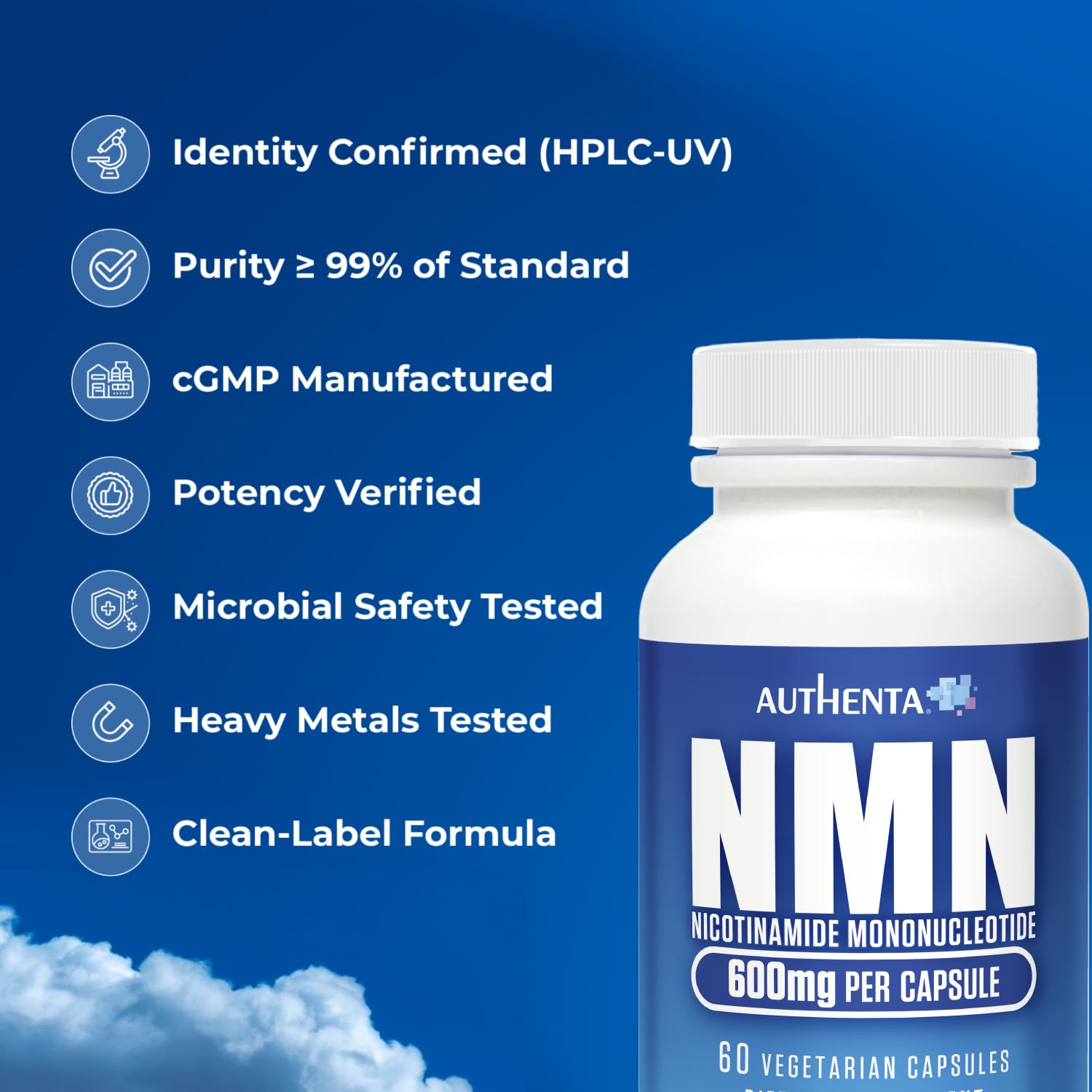 NMN Supplement 600 mg/Capsule Once Daily | 99% Pure Beta Nicotinamide Mononucleotide | Potent NAD⁺ Precursor | Supports Cellular Energy & Metabolism | Vegan, Non-GMO, Third-Party Tested & Gluten-Free AUTHENTAAu supplements