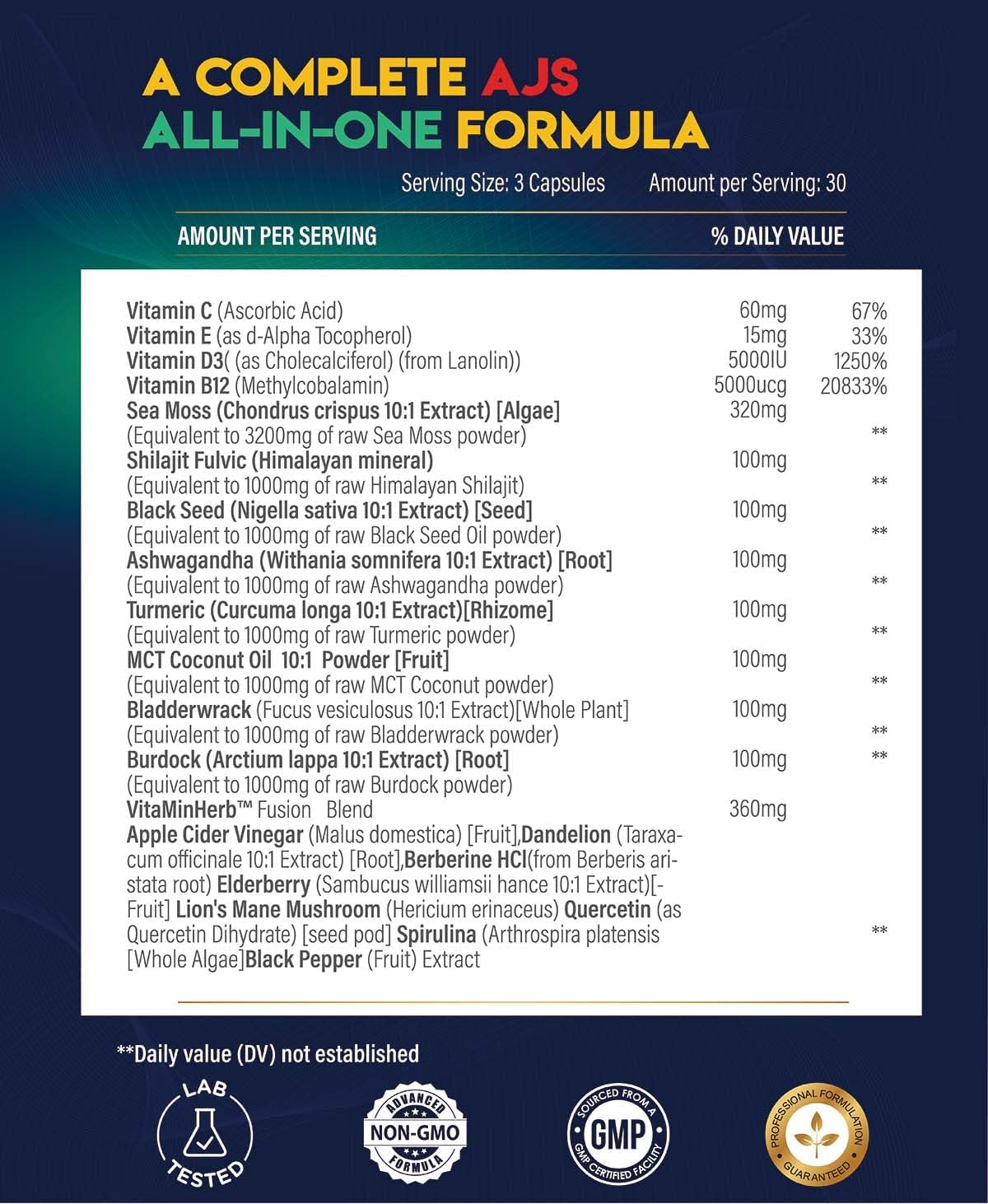 AJS Sea Moss Capsules 3200mg, Himalayan Shilajit 1000mg with Black Seed Oil, Ashwagandha, Turmeric, Bladderwrack, Burdock, Vitamins, Berberine, Lion’s Mane Mushroom, Elderberry- 90 Caps AJS NutritionAu supplements