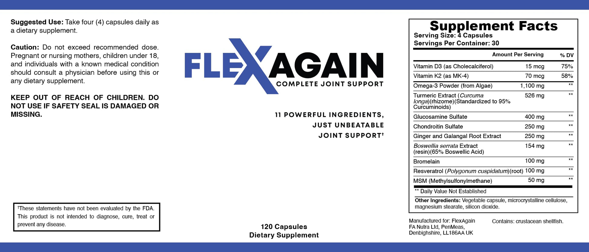 FlexAgain - Fully Comprehensive Joint Support - 120 Capsules - 1 Month Supply FlexAgainAu supplements
