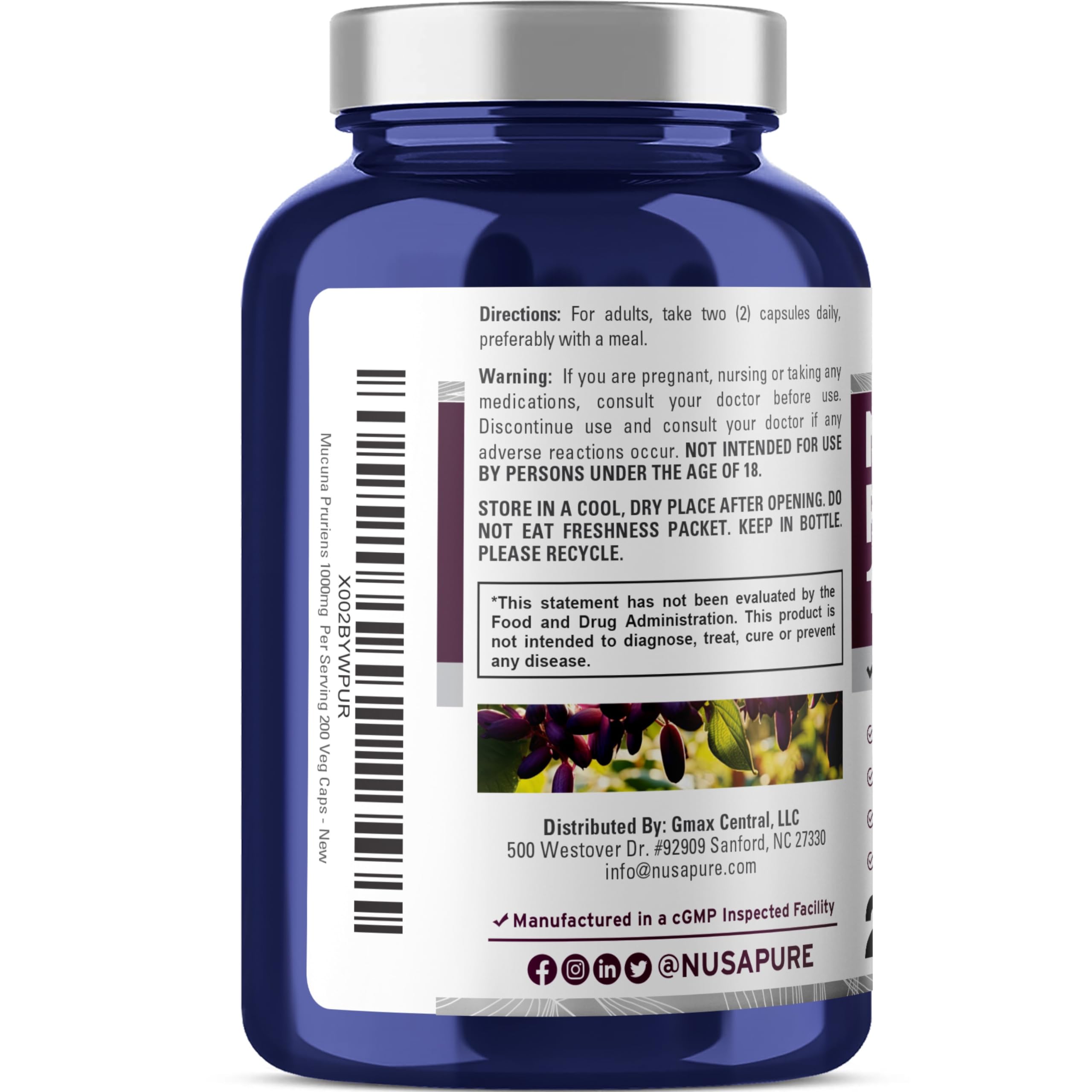 NusaPure Mucuna Pruriens 1000mg 200 Veggie Caps (Non-GMO, 100% Vegetarian, Vegan) NusaPureAu supplements