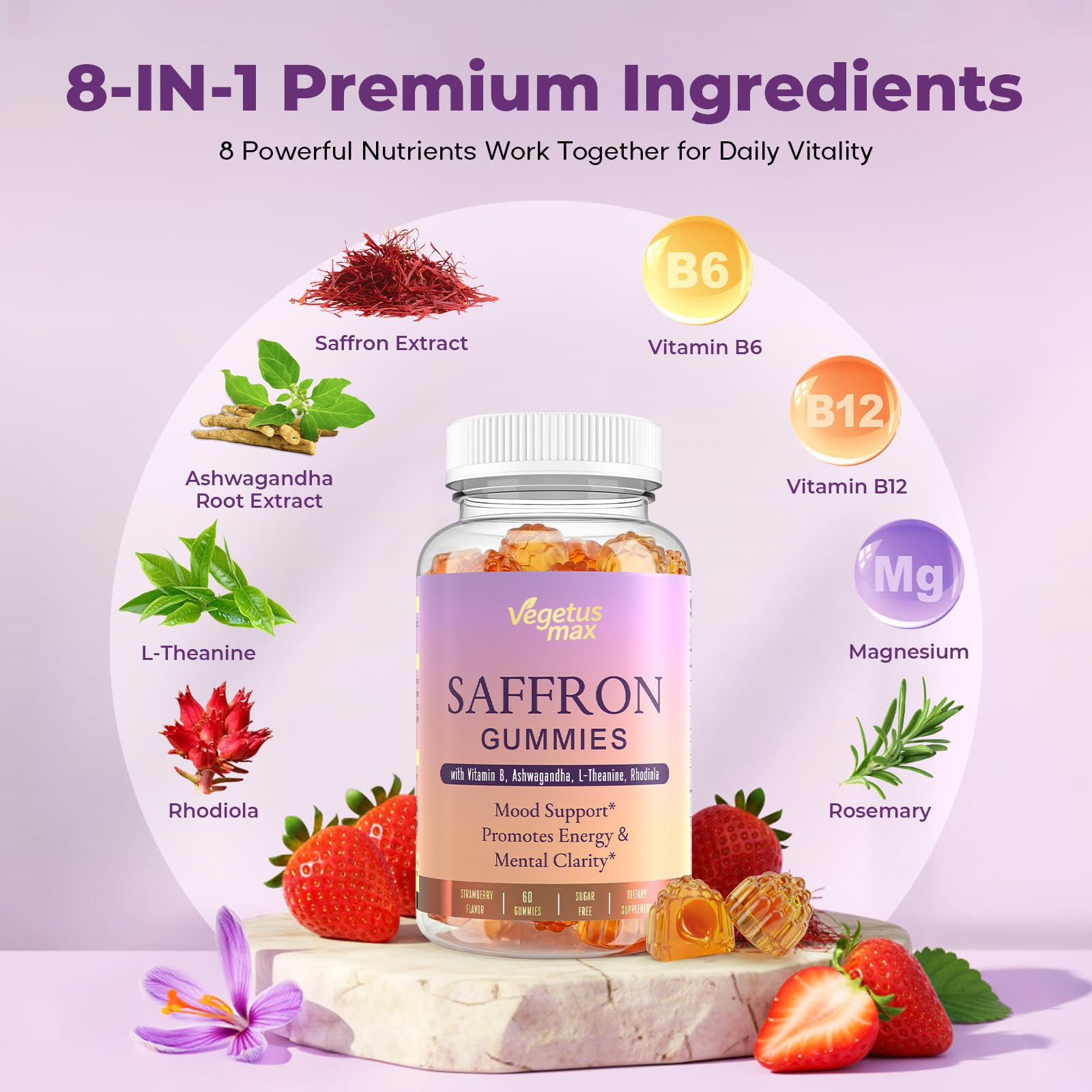 Saffron Supplements Gummies, 88.5mg Pure Saffron Extract with Ashwagandha L-Theanine Rhodiola Rosemary Magnesium Vitamin B6 B12 for Mood Focus Support Adults Kids - 60 Count VEGETUSMAXAu supplements