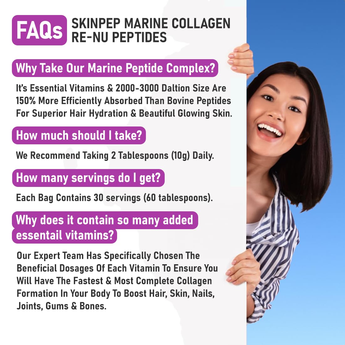 Premium Hydrolysed Marine Collagen Peptide Powder + VIT C, B Complex Hyaluronic Acid, & Stevia. Delicious Taste/No Fishy Smell - SkinPep® Collagen Re-Nu 300g - 30 Days Supply SkinPepAu supplements