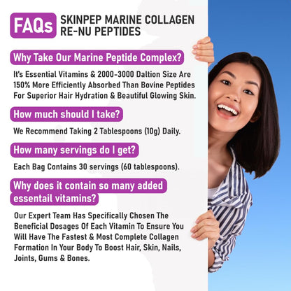 Premium Hydrolysed Marine Collagen Peptide Powder + VIT C, B Complex Hyaluronic Acid, & Stevia. Delicious Taste/No Fishy Smell - SkinPep® Collagen Re-Nu 300g - 30 Days Supply SkinPepUS supplements