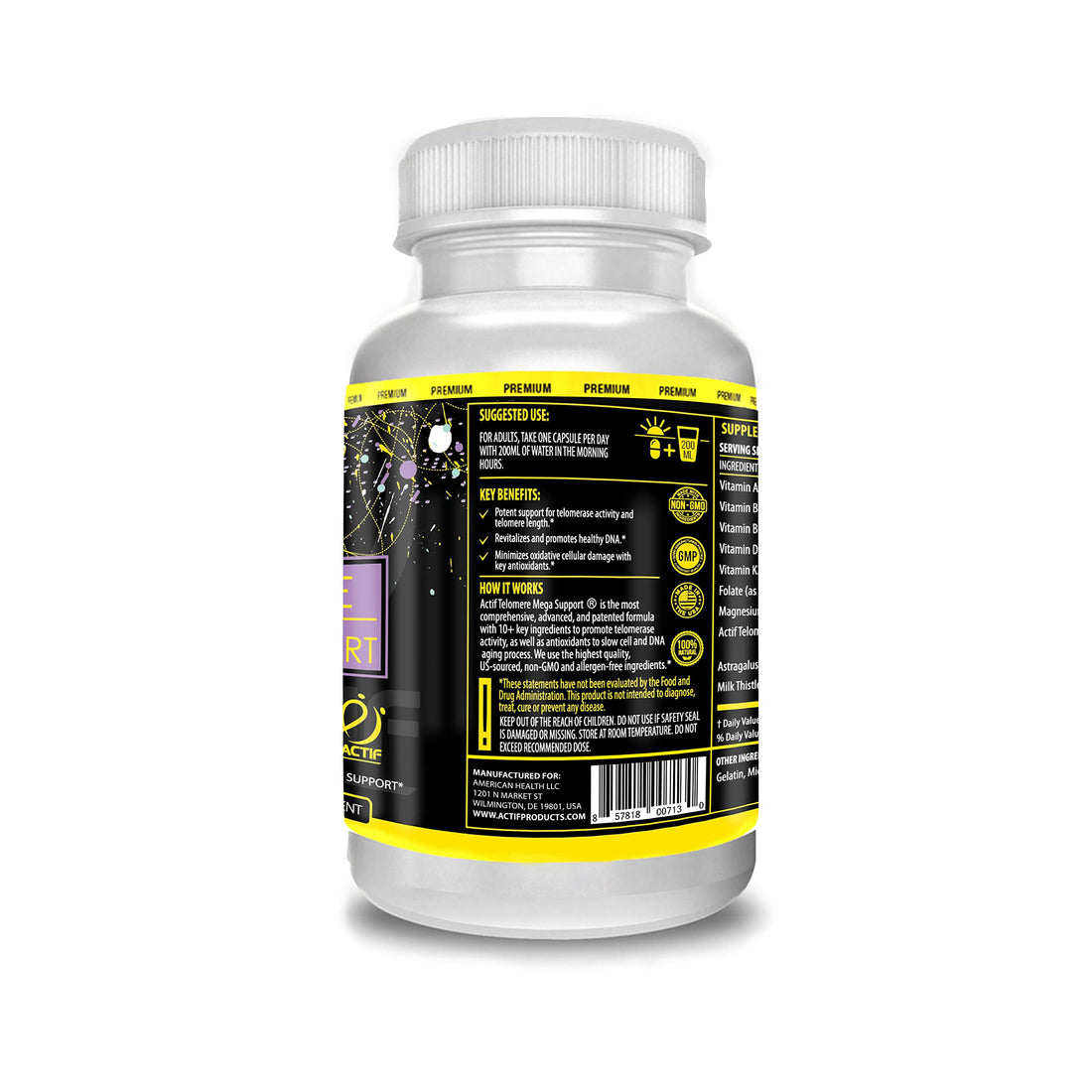 ACTIF Telomere Mega Support with 10+ Factors, Non-GMO, Telomerase and DNA Supplement for Energy, Memory and Anti-Aging, Made in USA, 60 Count ACTIFAu supplements