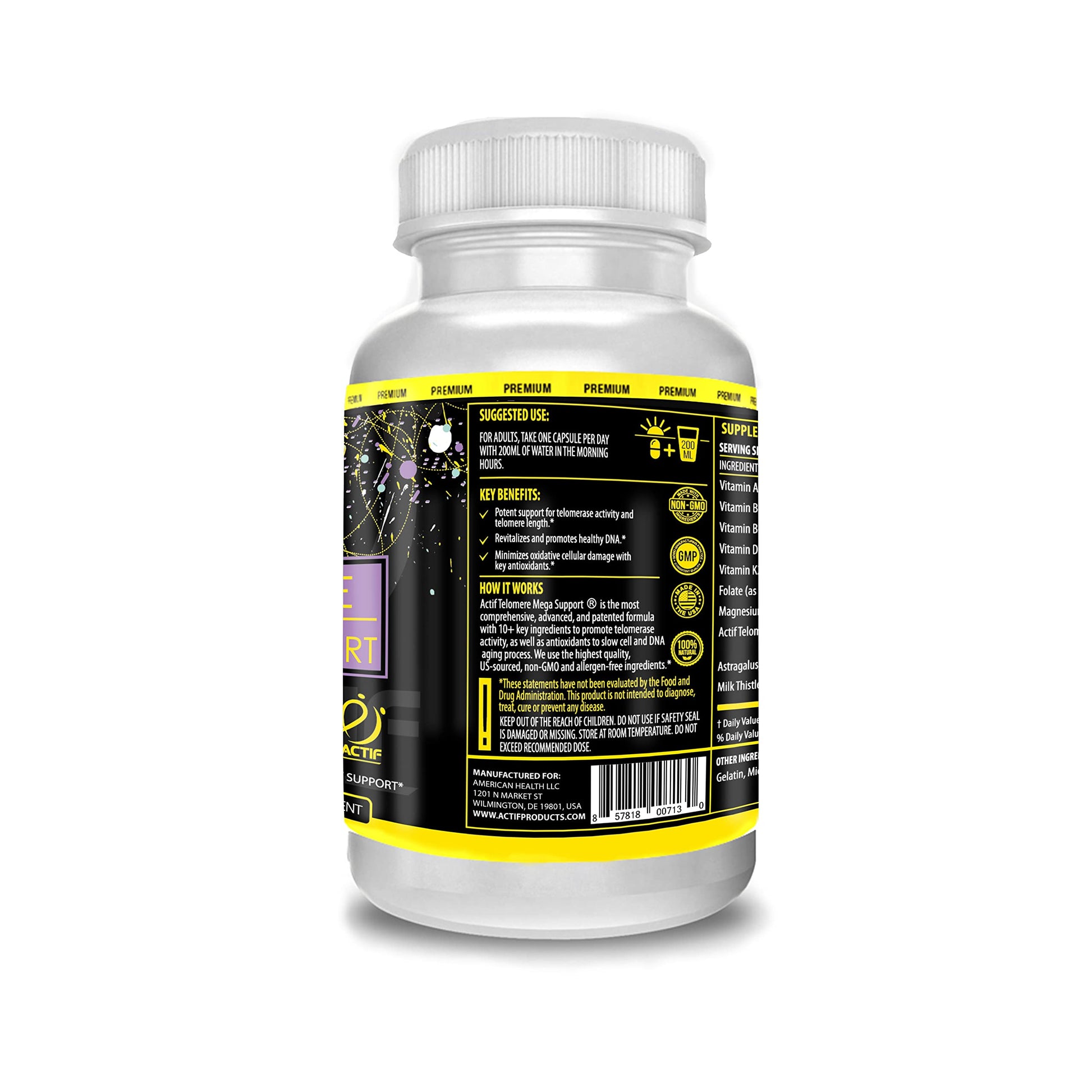 ACTIF Telomere Mega Support with 10+ Factors, Non-GMO, Telomerase and DNA Supplement for Energy, Memory and Anti-Aging, Made in USA, 60 Count ACTIFAu supplements
